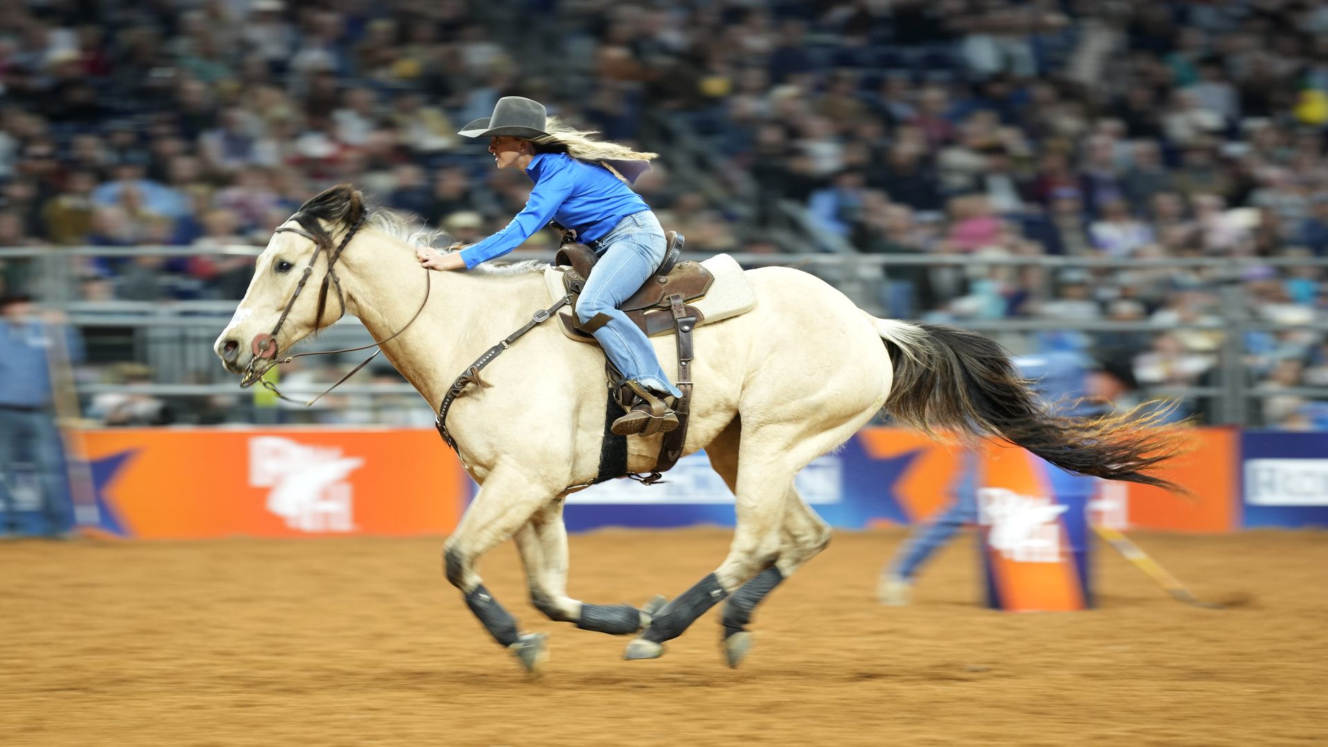 Skyla Peters races to the finish line with her horse in the Barrel Racing competition during the Super Series I, round 3 of Rodeo Houston at the Houston Livestock Show and Rodeo at NRG Park on Thursday, Feb. 29, 2024