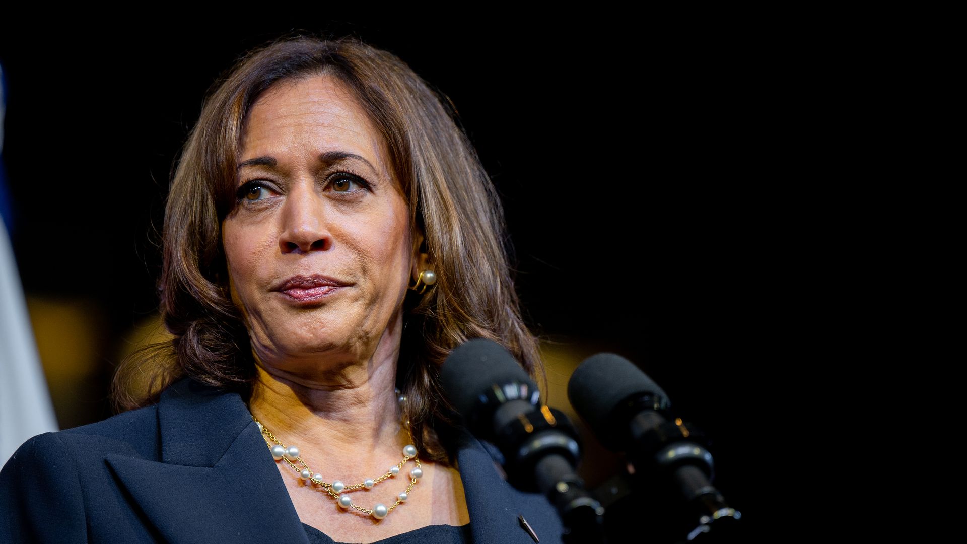 Photo of Kamala Harris looking to her right as she stands in front of a microphone