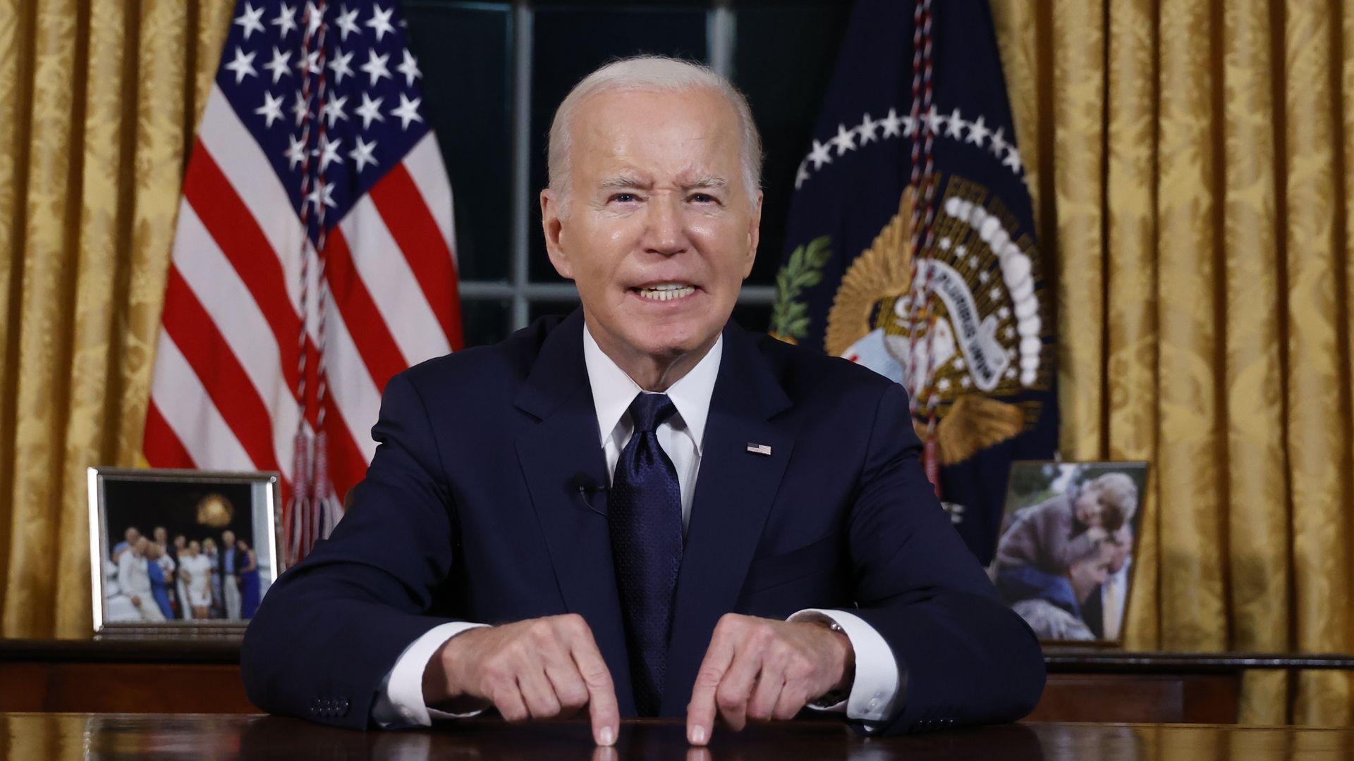 U.S. President Joe Biden addresses the nation from the Oval Office of the White House 