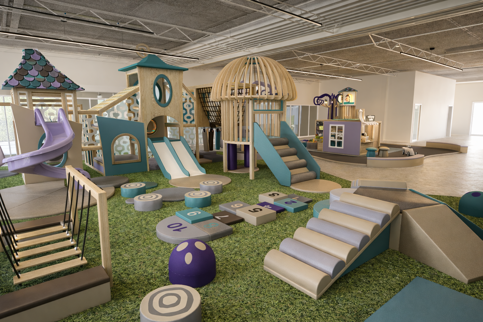 Indoor kids' play area with wooden structures, teal and purple slides, a rounded cage tower, stairs, and numbered foam stepping-stones on green turf.