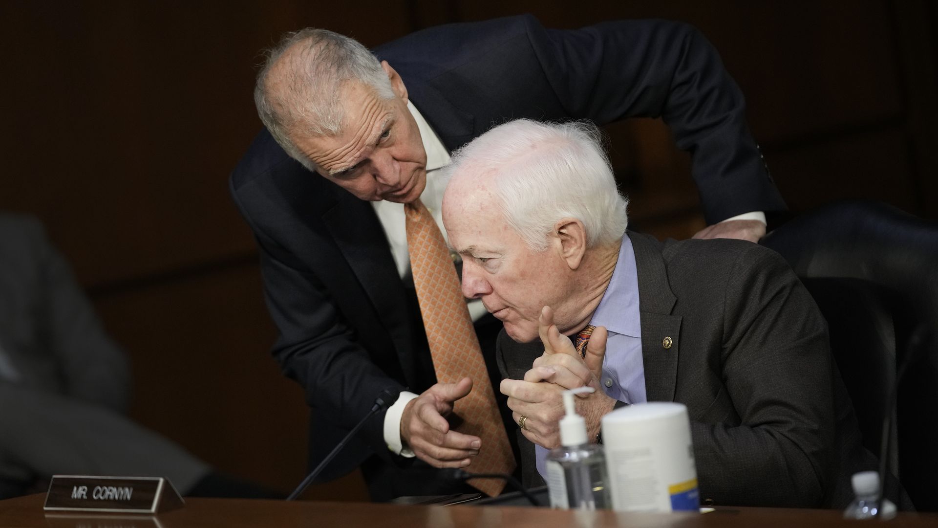  Sen. Thom Tillis talks to Sen. John Cornyn as U.S. Supreme Court nominee Judge Ketanji Brown Jackson testifies at her confirmation hearing ion Capitol Hill, March 23, 2022