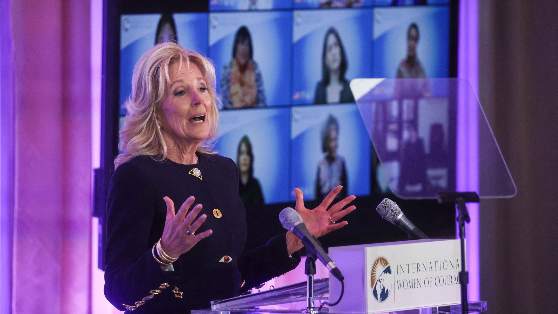 First lady Jill Biden is seen addressing the International Women of Courage Awards ceremony on Monday.