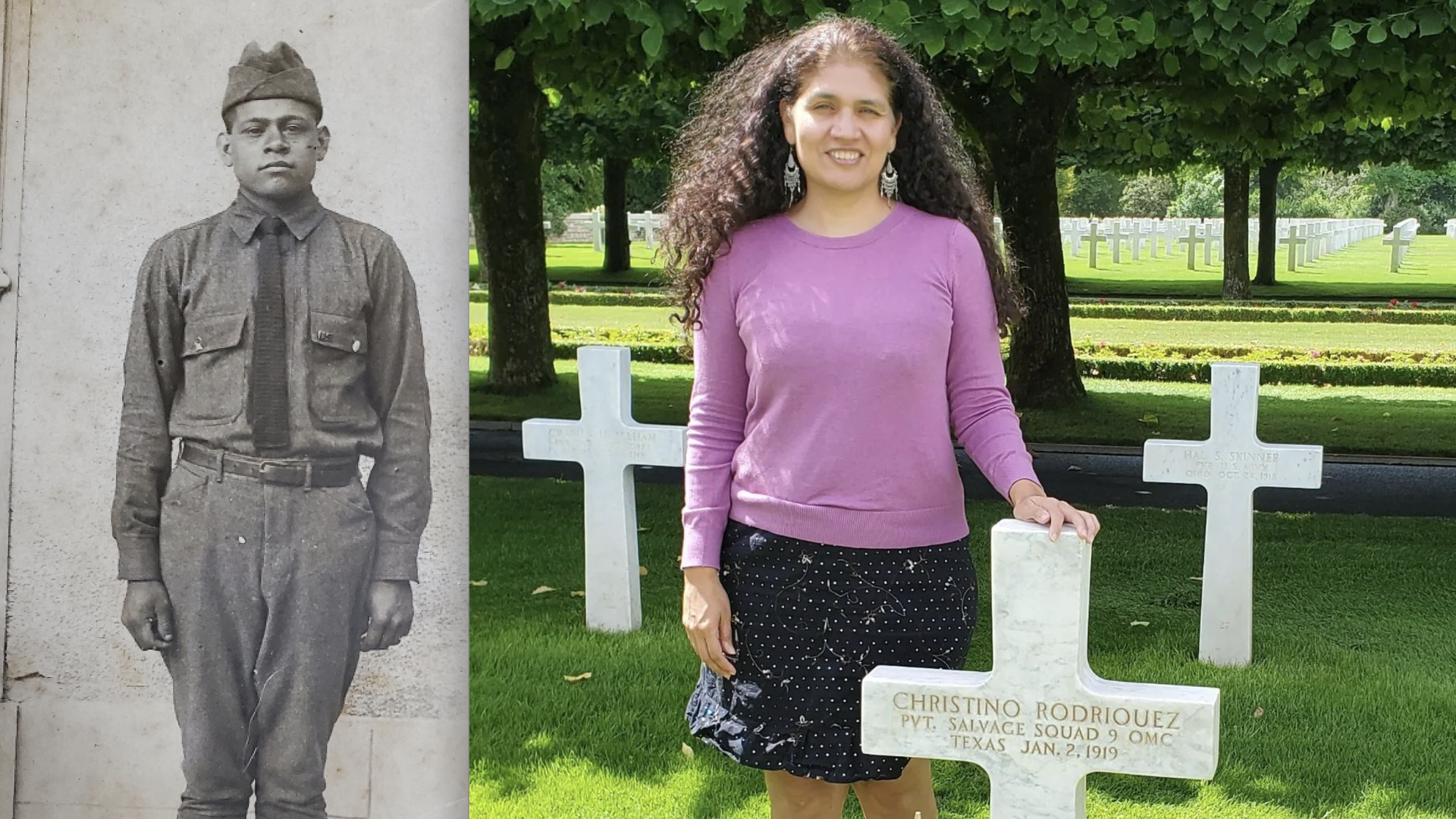 Crispin Rodriguez, a Mexican American soldier who died while serving in the U.S. Army during WWI, and his great great grand niece, Lisa Ramos, at his resting place in the cemetery in Thiaucourt-Regniéville, France.