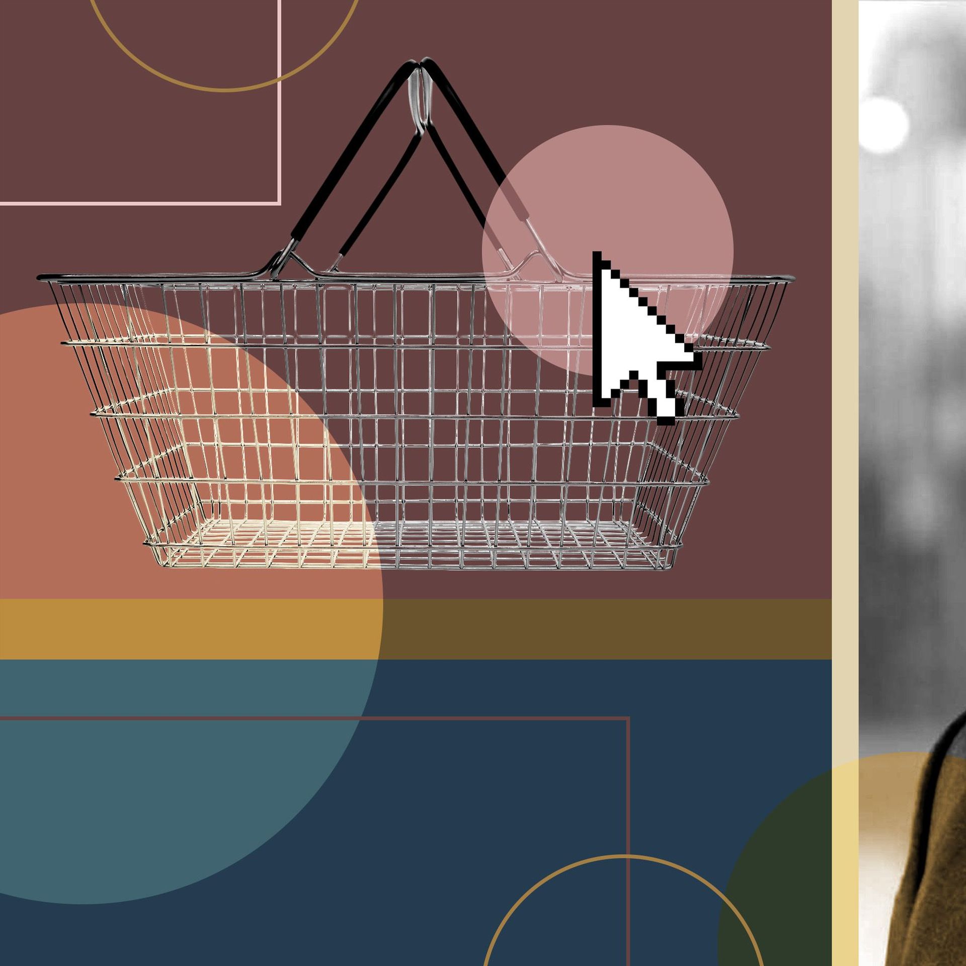 Photo illustration of Hamid Moghadem, CEO of Prologis, with an image of a shopping cart and abstract shapes.