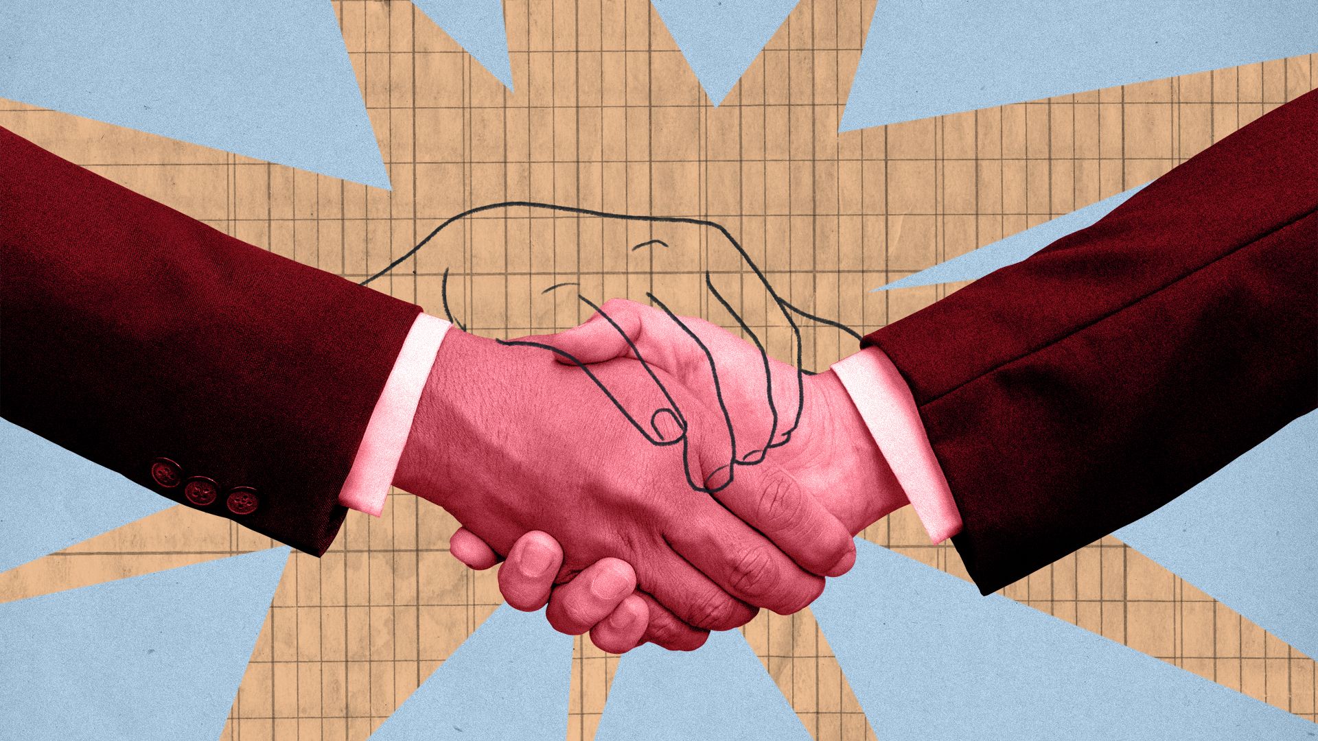 Illustration of two hands shaking, overlayed by a sketched outline of a handshake on a tan grid background with blue starburst shapes.