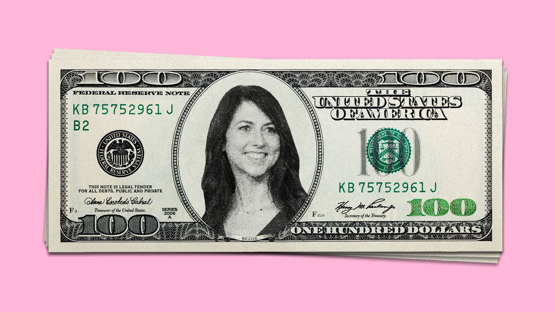 Illustration of Mackenzie Bezos on a hundred dollar bill.