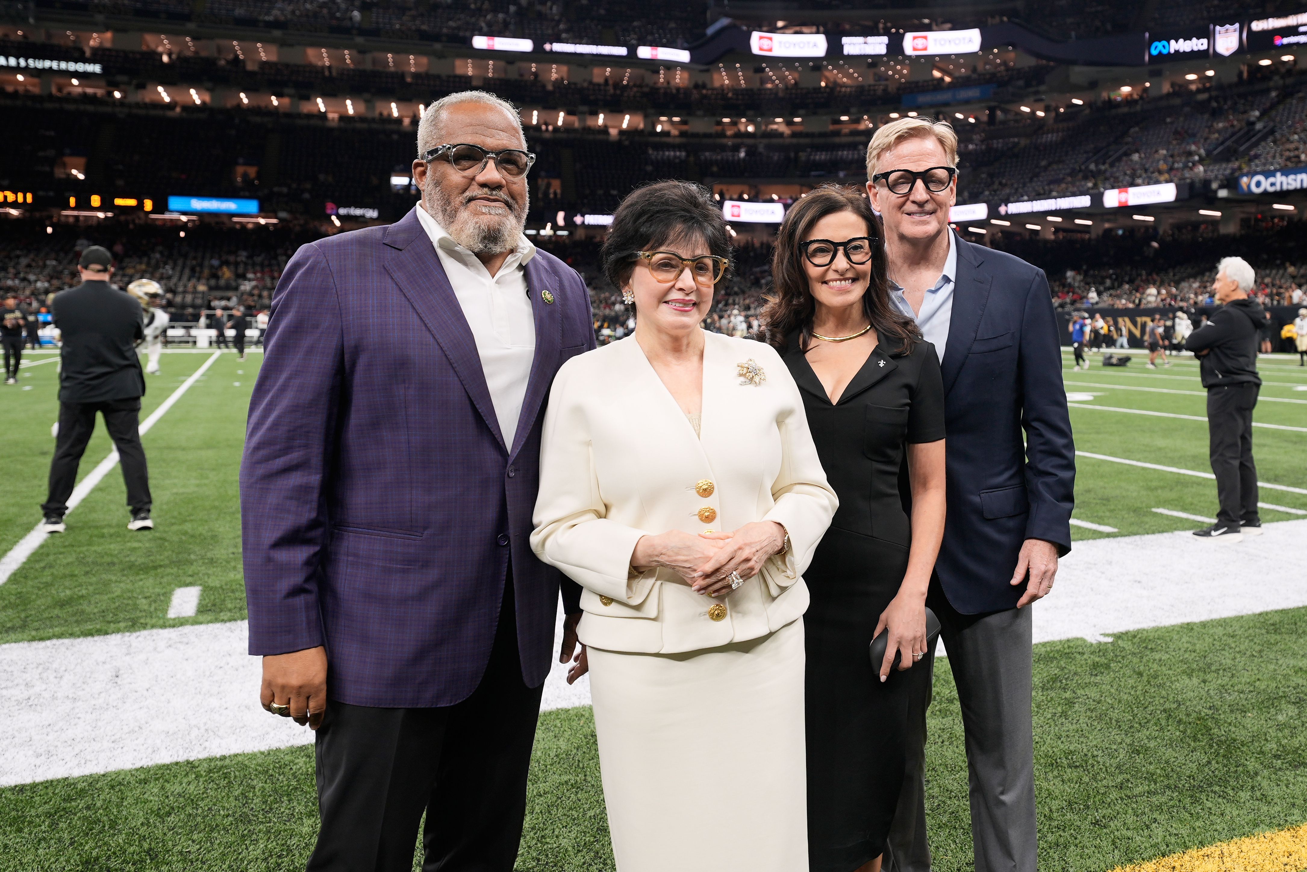 From left: Rep. Troy Carter (D-La.), New Orleans Saints owner & CEO Gayle Benson, Meta's Dina Powell and NFL Commissioner Roger Goodell wear Meta glasses before Saints game in New Orleans on Oct. 5. Photo: Gerald Herbert/AP