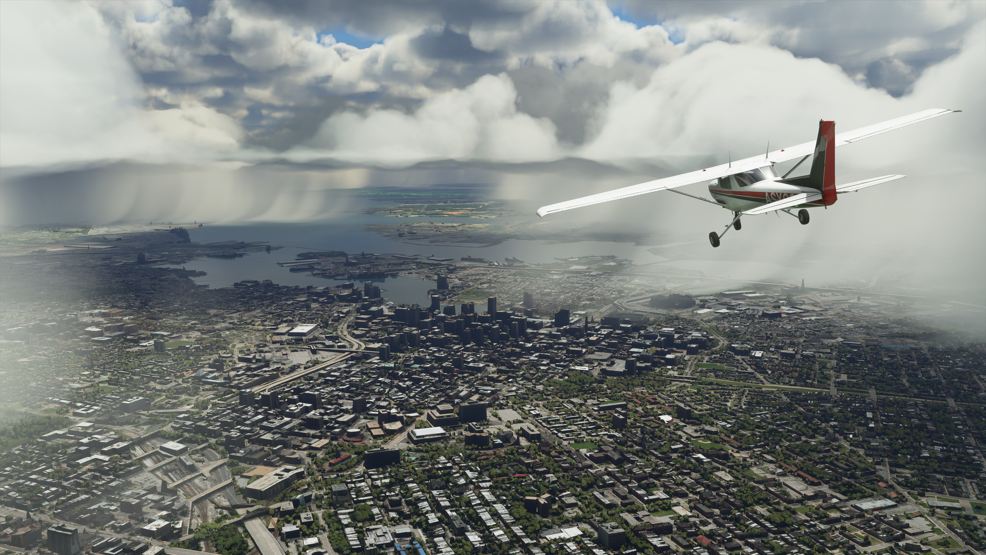 A screenshot from Microsoft Flight Simulator depicting a small plane over a midsize cityscape.