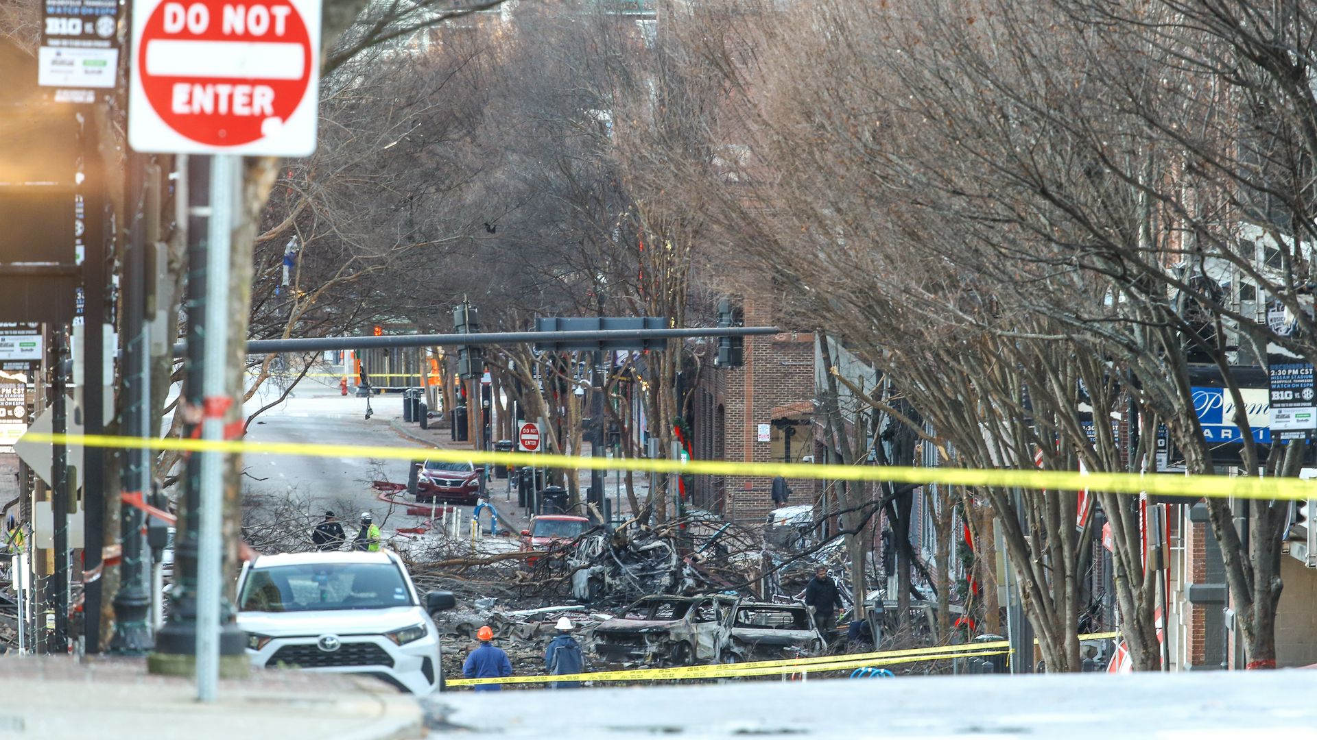 Police close off an area damaged by an explosion on Christmas morning on December 25, 2020 in Nashville, Tennessee. 