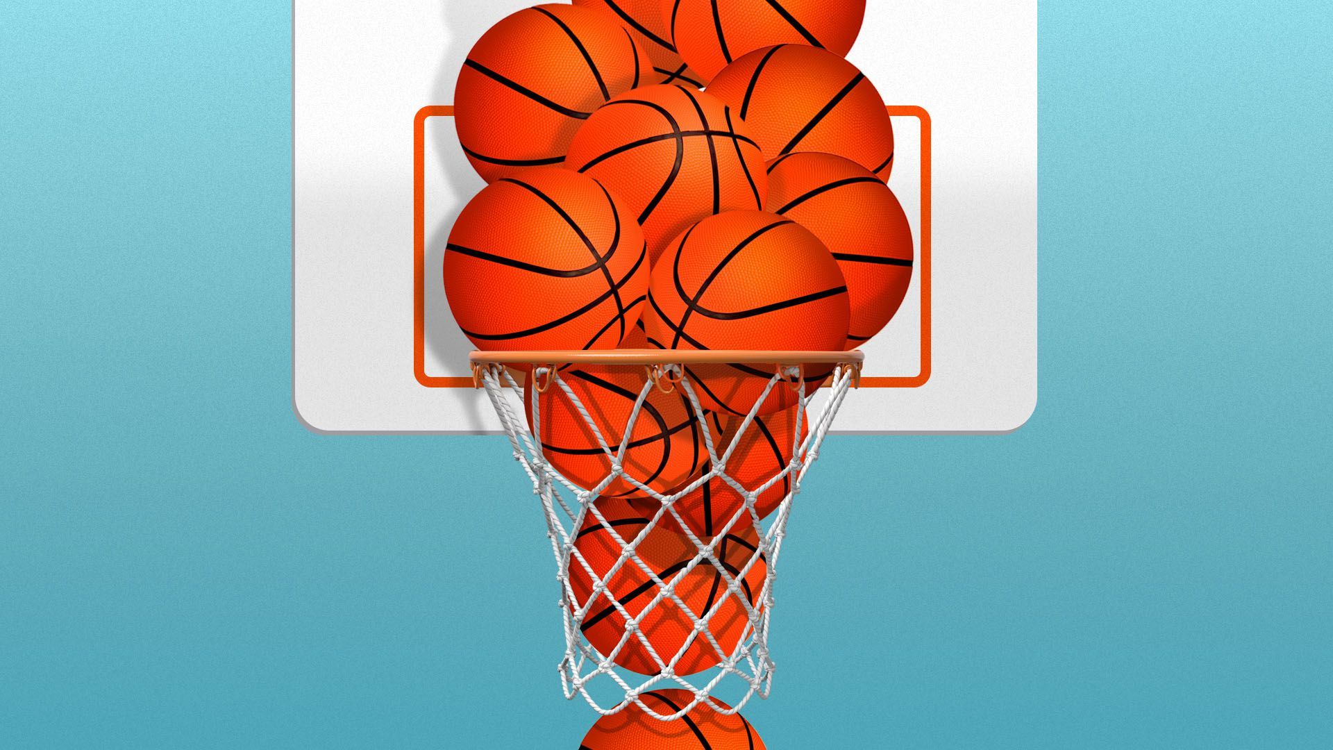Illustration of a basketball hoop full of basketballs