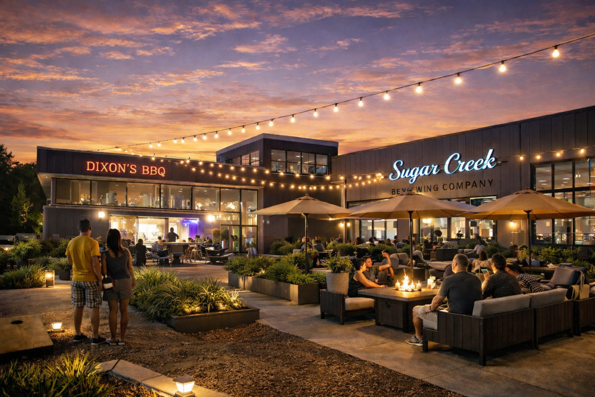 Outdoor evening scene at Dixon's BBQ and Sugar Creek Brewing Company with string lights, people sitting under umbrellas, fire pits, and a colorful sunset sky.