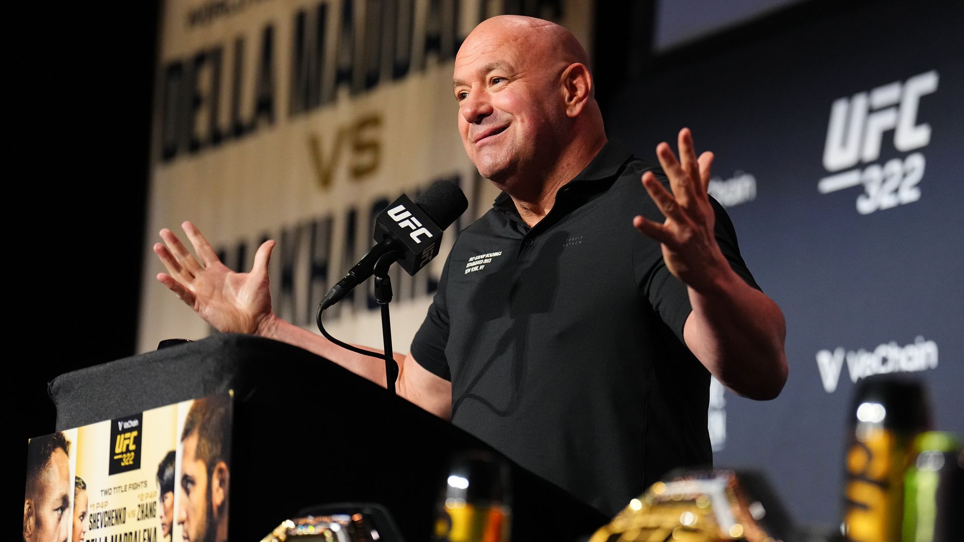 UFC President and CEO Dana White is seen on stage during the UFC 322 Press Conference at The Theater at Madison Square Garden on November 13, 2025 in New York City.