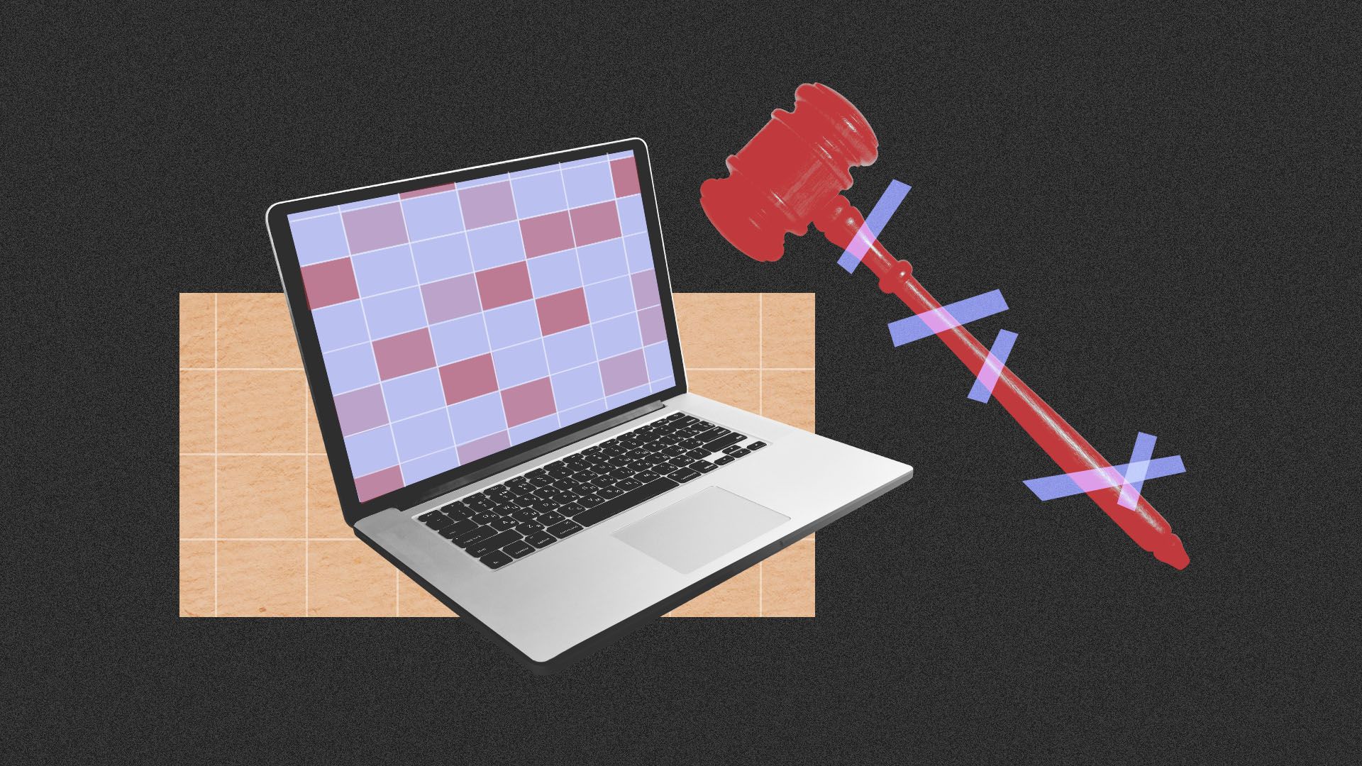 Illustration of a laptop with a red gavel beside it