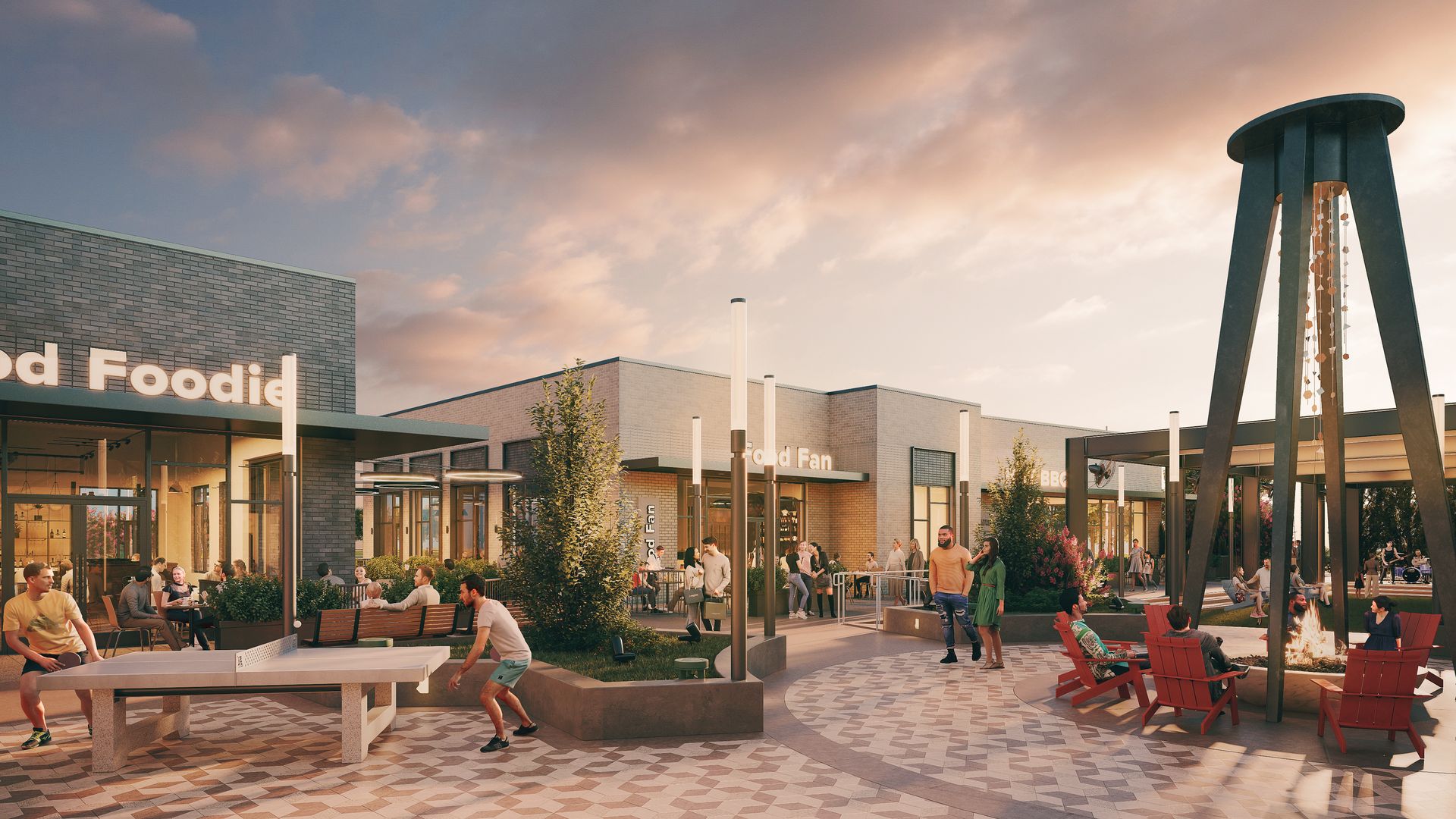 Outdoor shopping plaza at sunset with people playing ping pong, sitting by a modern fire pit, dining at restaurant patios, and socializing near brick buildings and greenery.