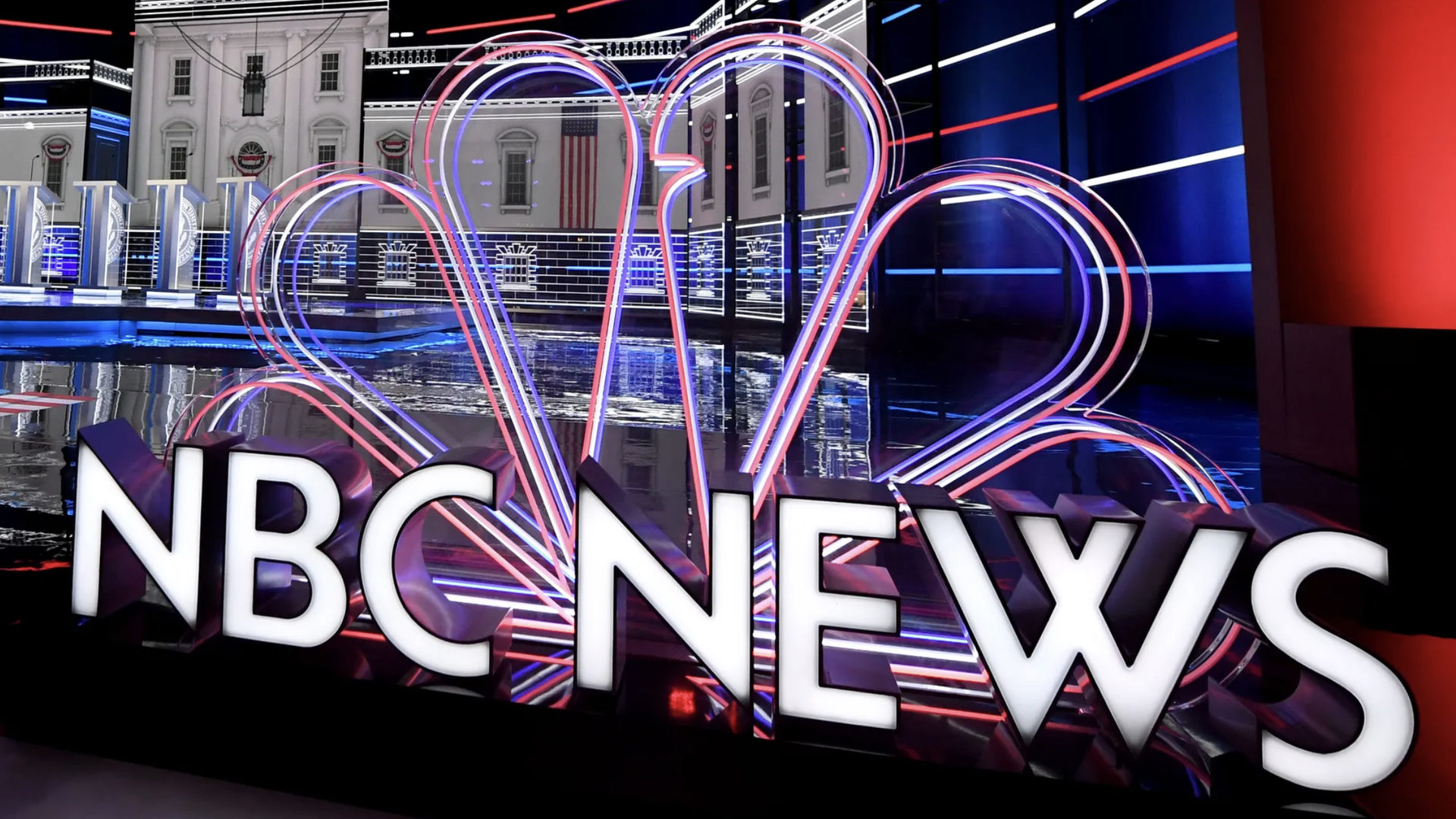The NBC News logo sits on stage at Paris Las Vegas on Feb. 18, 2020. 