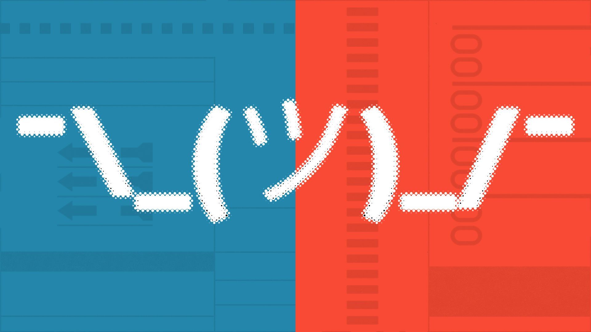 Illustration of a white shrug emoji over a divided blue and red background with elements of ballots.