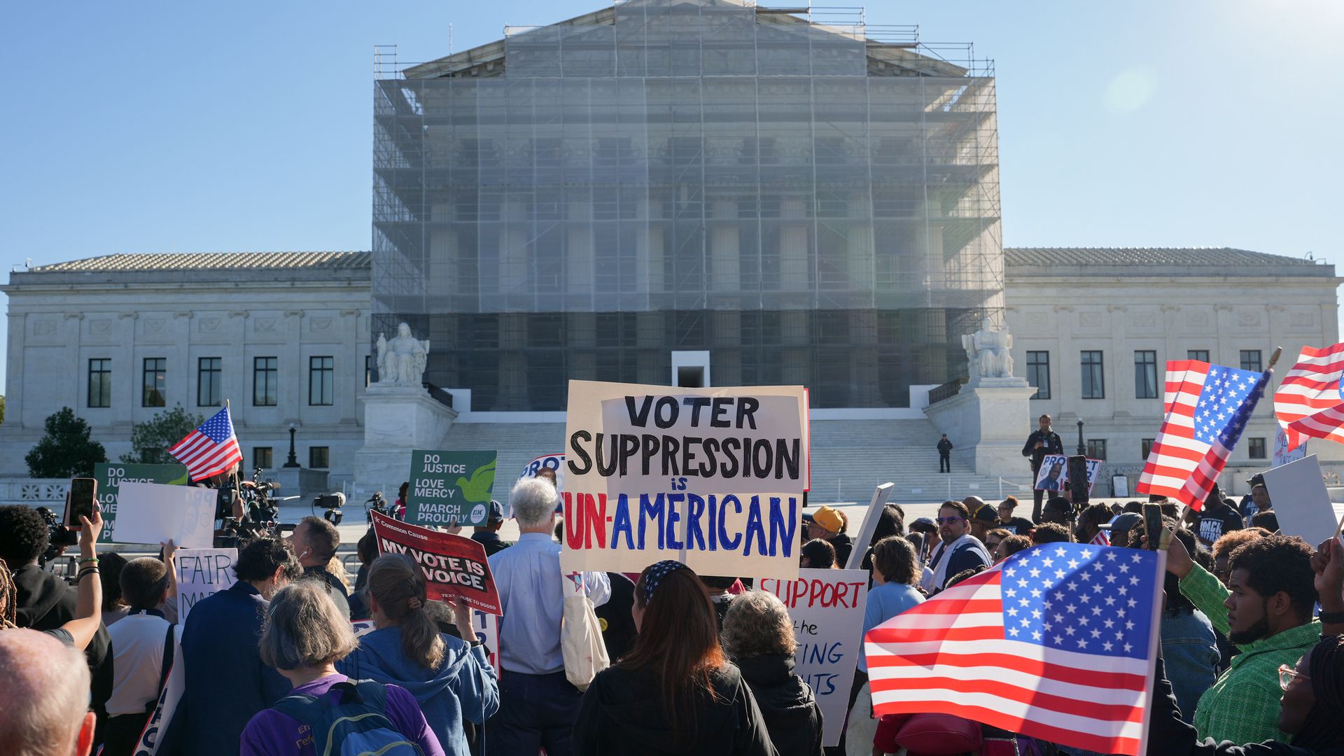 Demonstrators outside the US Supreme Court in Washington, DC, US, on Wednesday, Oct. 15, 2025. 