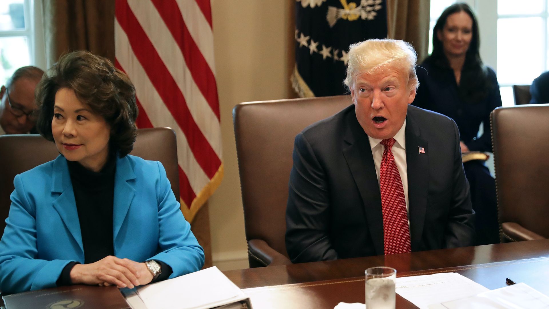 President Donald Trump conducts a cabinet meeting with Transportation Secretary Elaine Chao (L) 