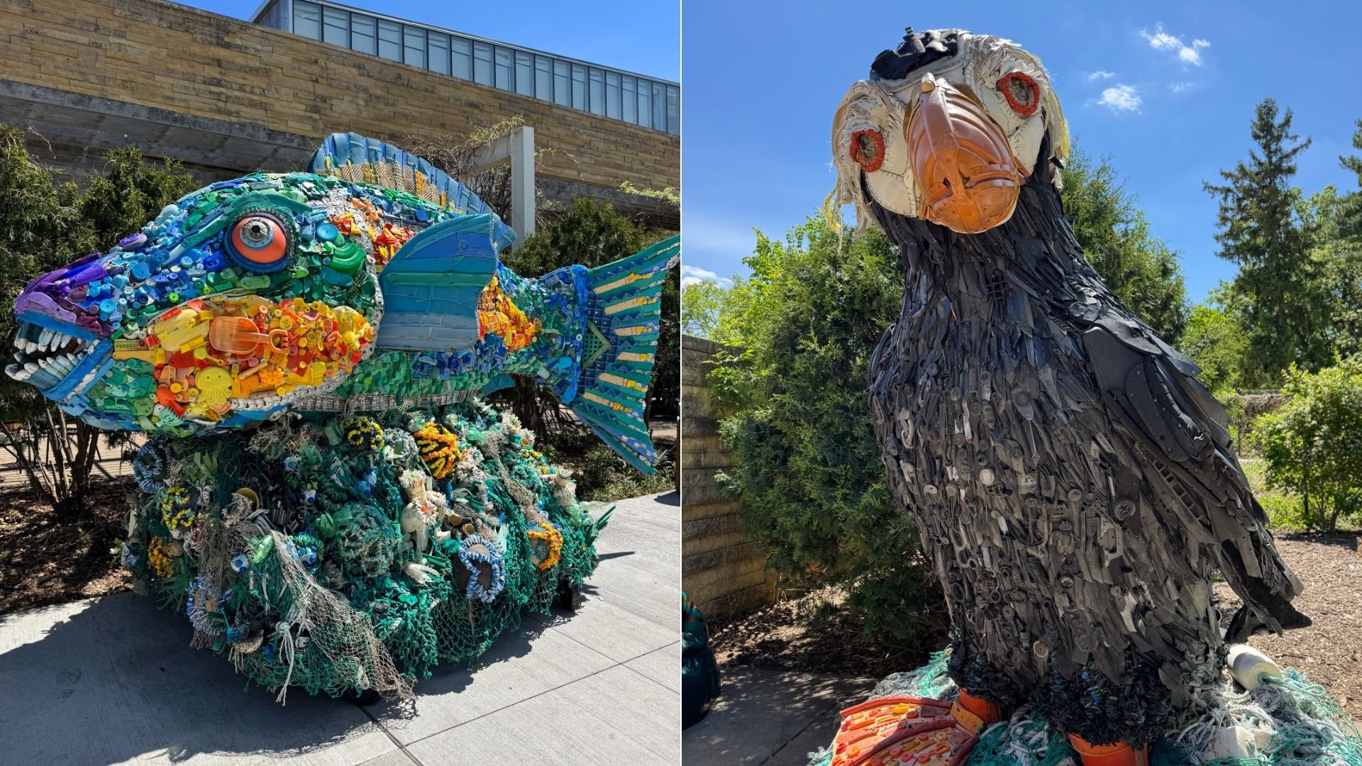 Two outdoor sculptures: left is a colorful mosaic fish made from plastic waste; right is a tall metal bird with an orange beak and dark feathered body, set against a blue sky.