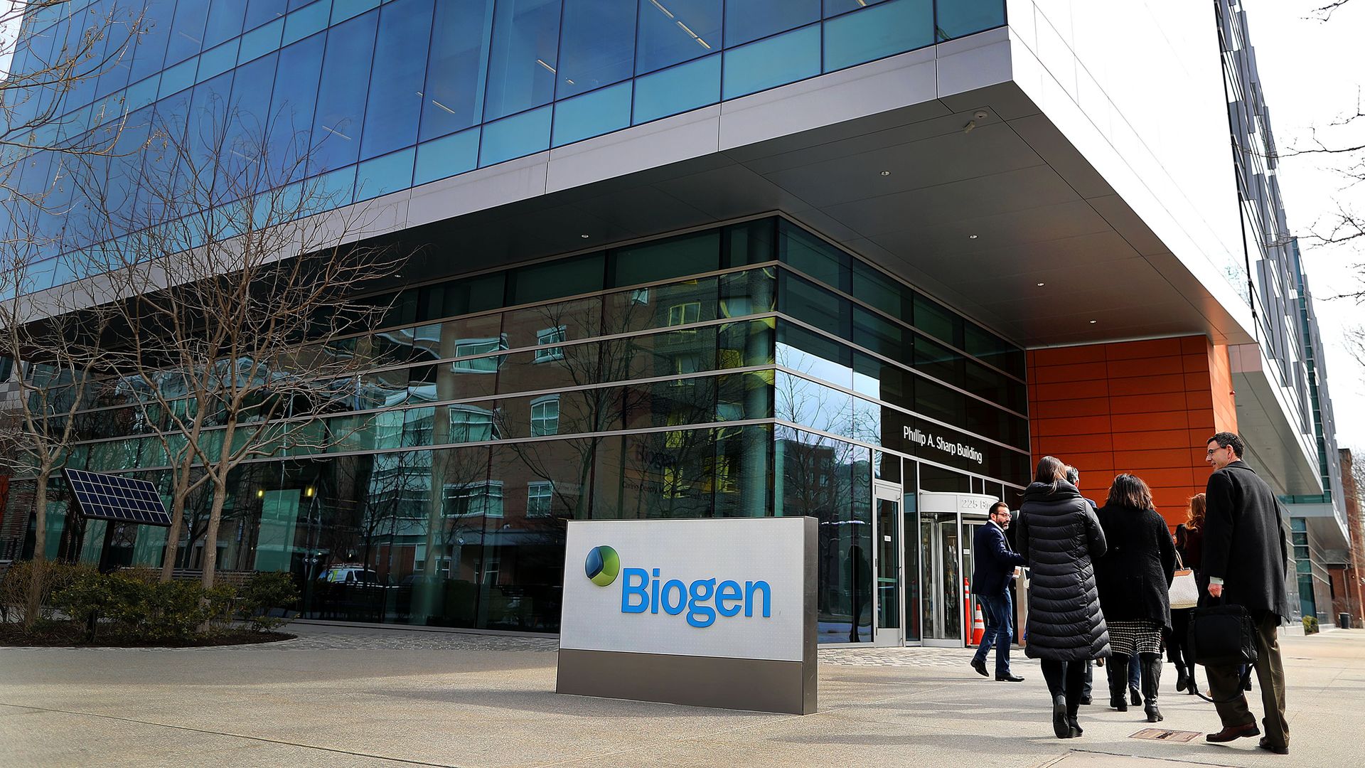 Biogen's sign in front of its headquarters building.
