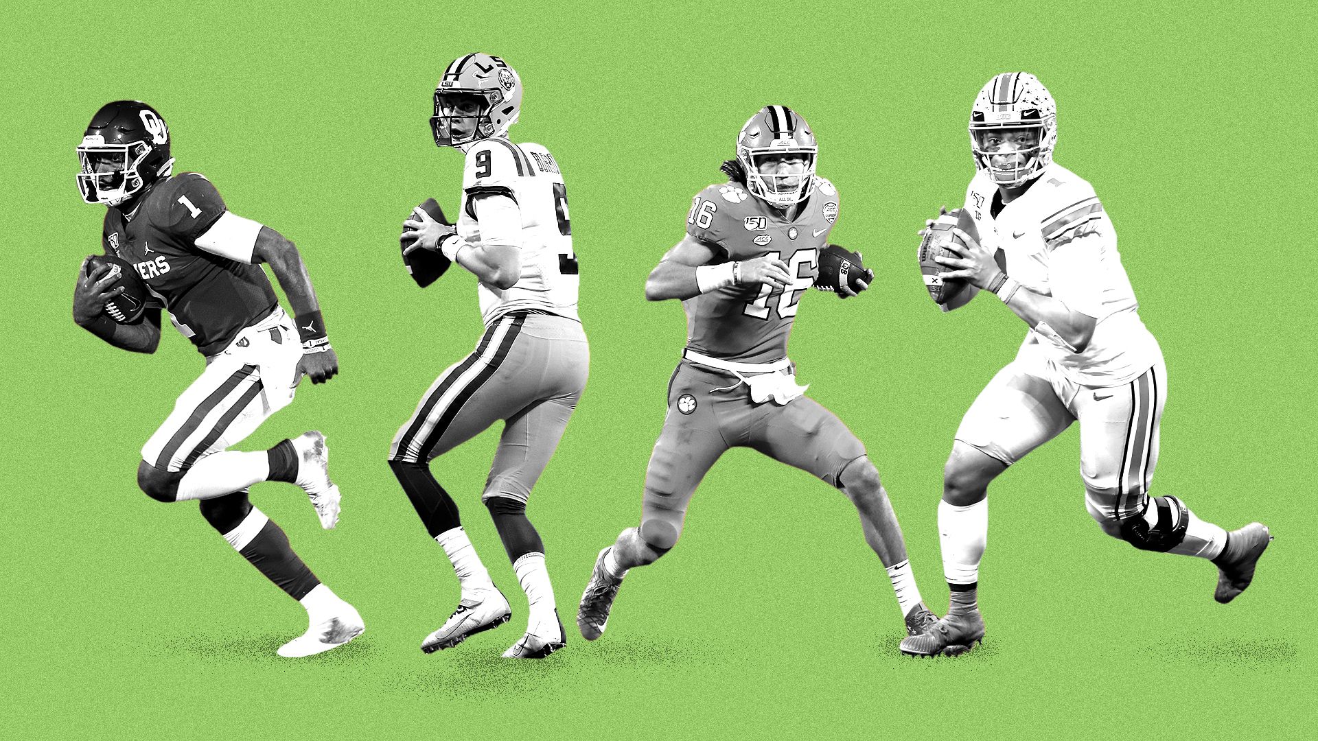 Photo illustration of Joe Burrow, Justin Fields, Trevor Lawrence, and Jalen Hurts