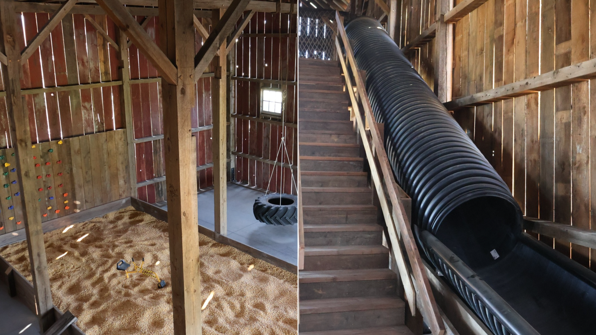 a sand pit and rock climbing wall as well as a slide in a barn