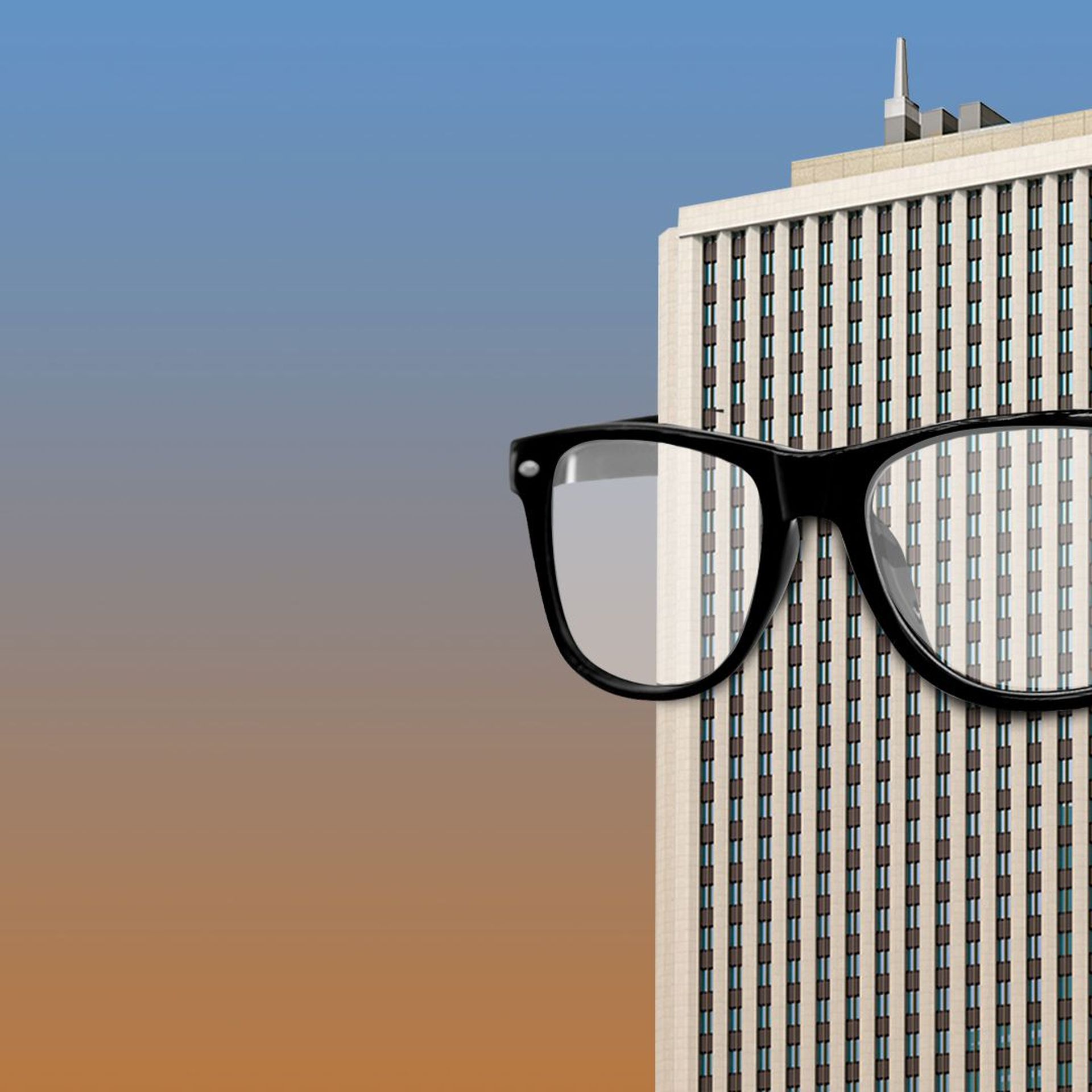 Illustration of a skyscraper wearing glasses. 