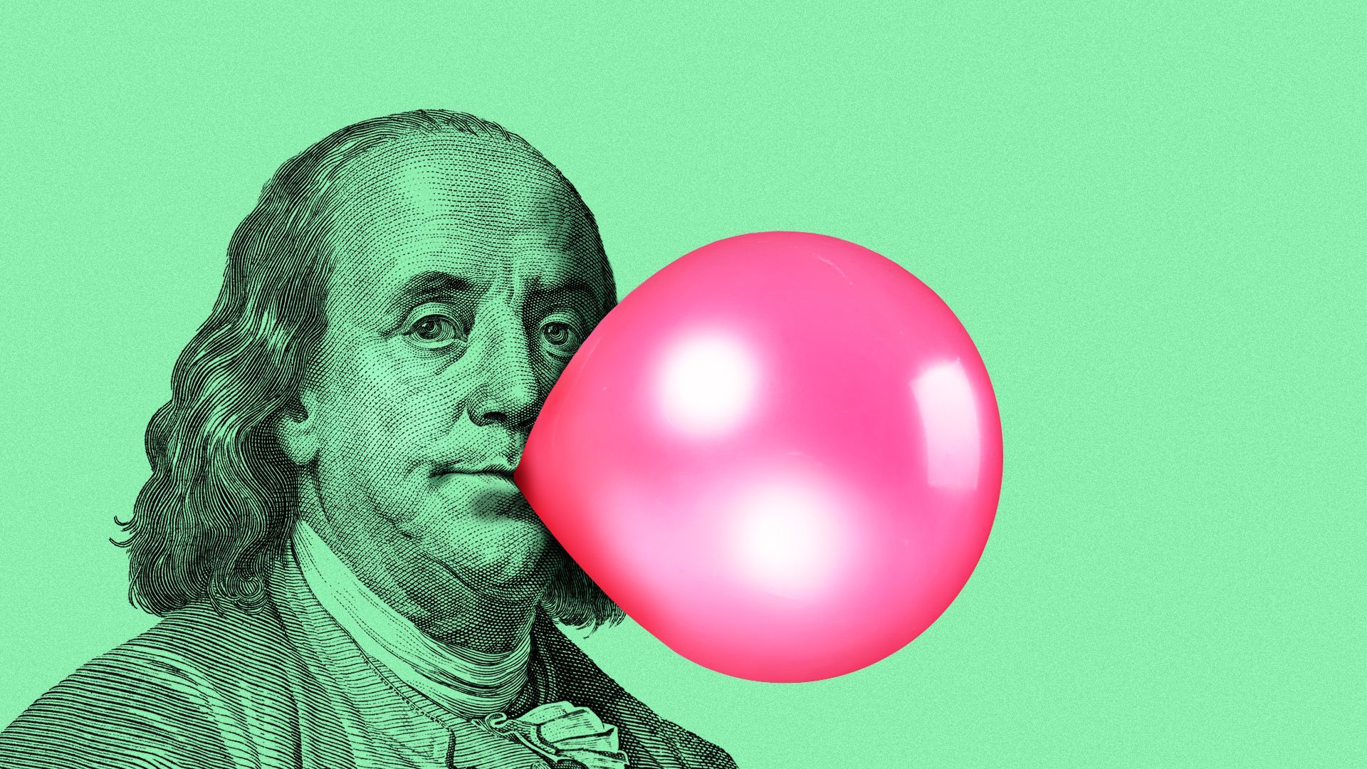 Illustration of Benjamin Franklin from a $100 dollar bill blowing a chewing gum bubble