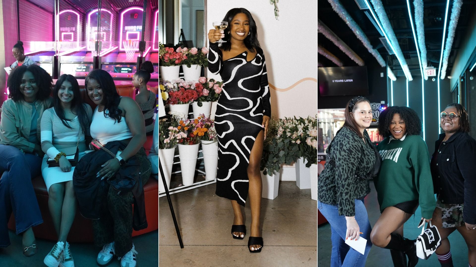 A three-image photo showing groups of women smiling at social events.