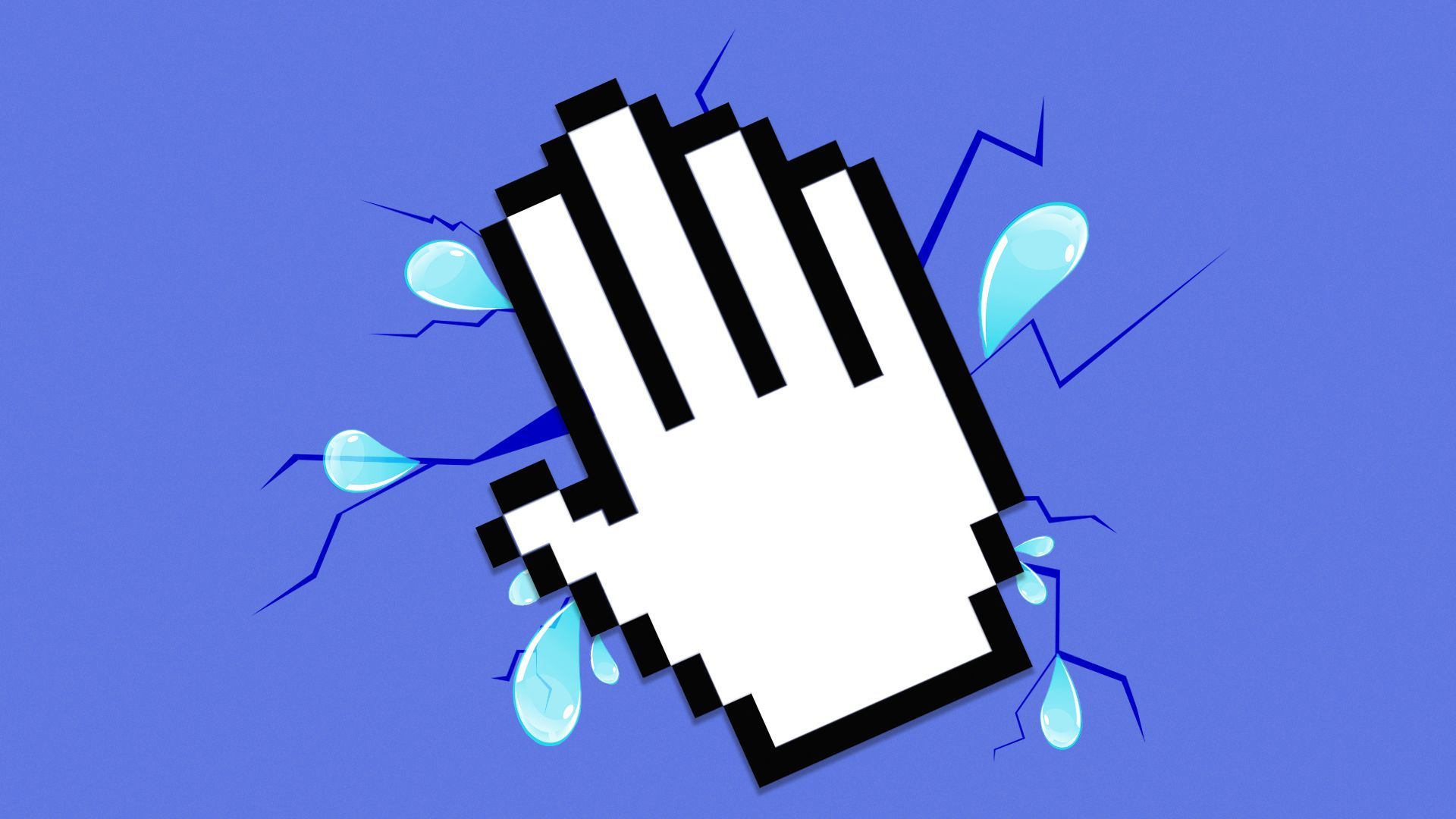 Illustration of a cursor hand covering a cracked wall with leaking water droplets