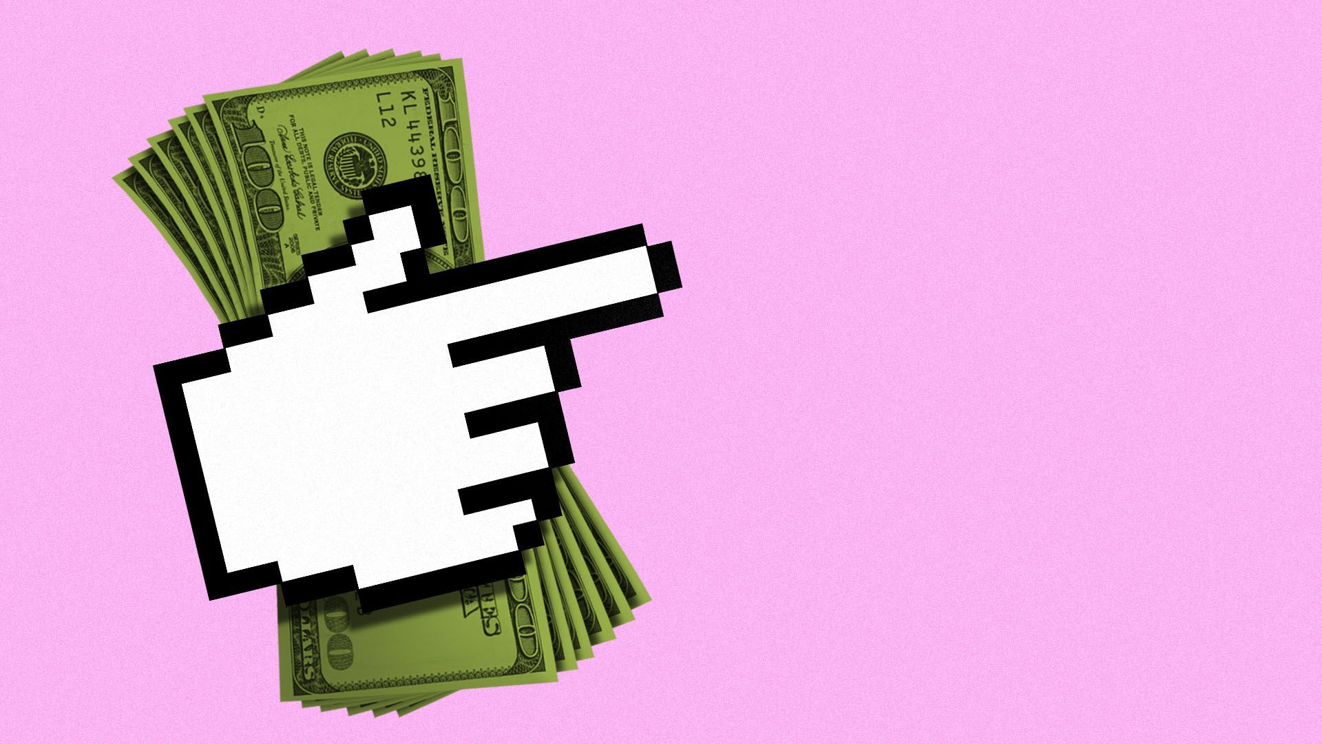 Illustration of a cursor holding a stack of hundred dollar bills