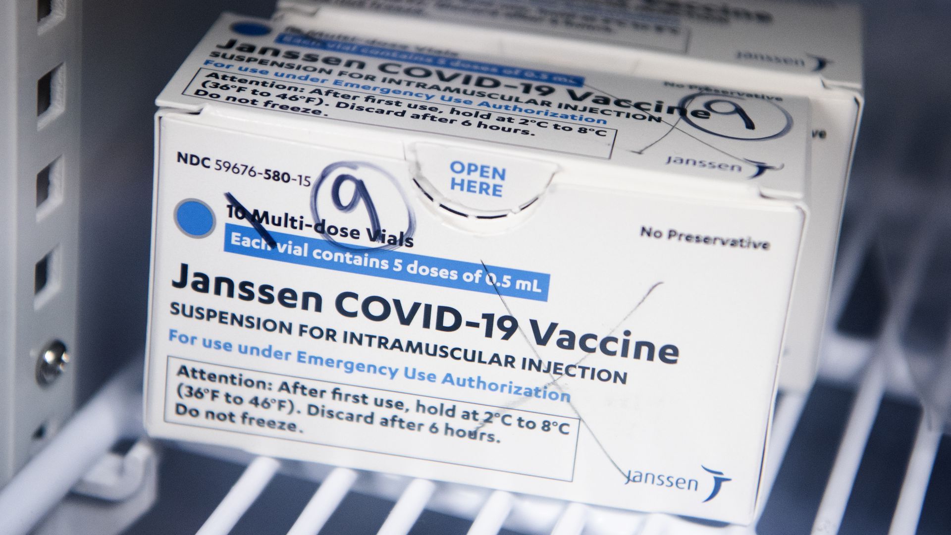 A box with the J&J Covid vaccine inside