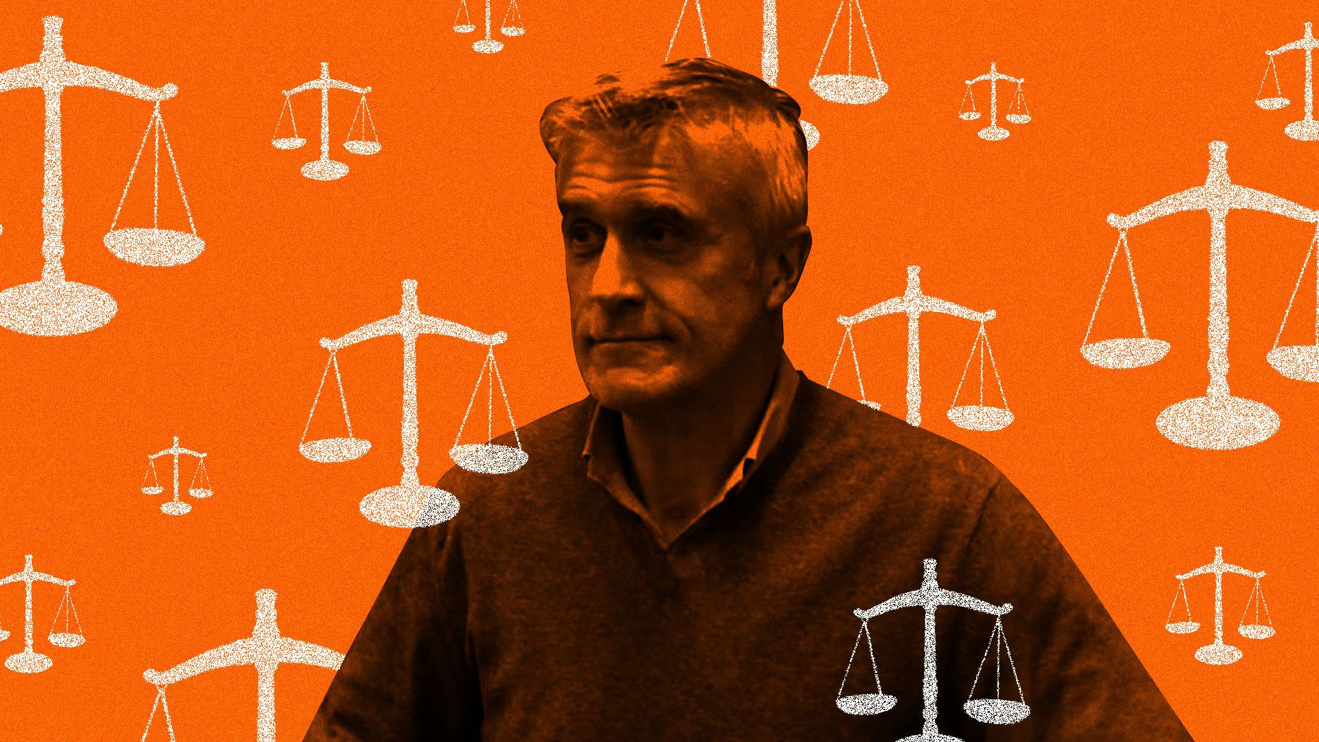 In this image, Mike Calvey stands in front of a red-orange background decorated with various scales of justice. 