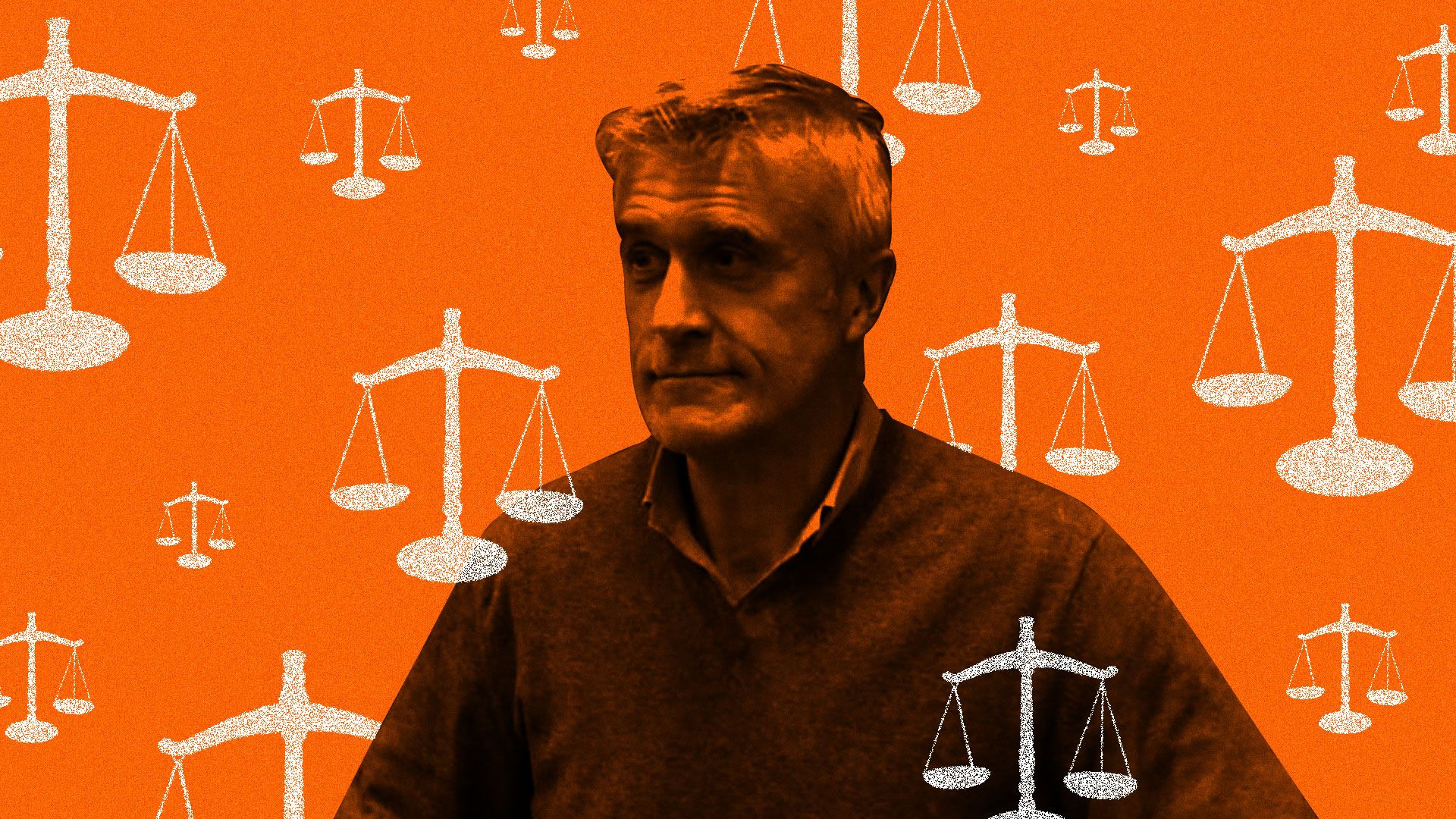 In this image, Mike Calvey stands in front of a red-orange background decorated with various scales of justice.