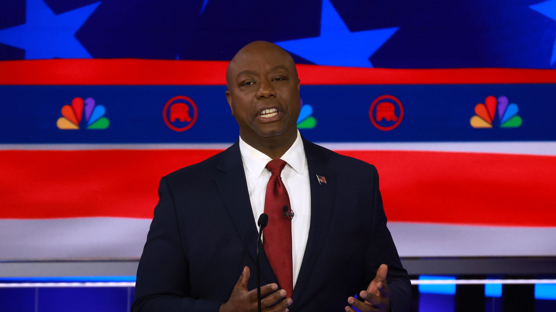  Republican presidential candidate U.S. Sen. Tim Scott (R-SC) speaks during the NBC News Republican Presidential Primary Debate at the Adrienne Arsht Center for the Performing Arts of Miami-Dade County on November 8, 2023 in Miami, Florida.