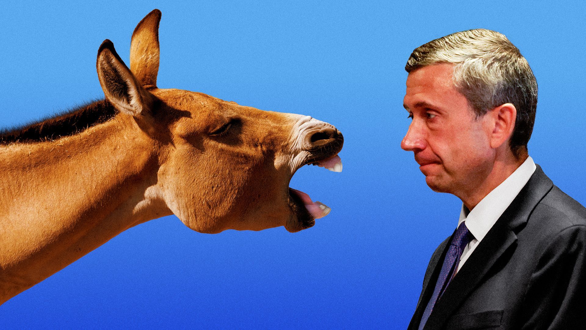 Photo illustration of DNC Chair Ken Martin and an angry donkey.