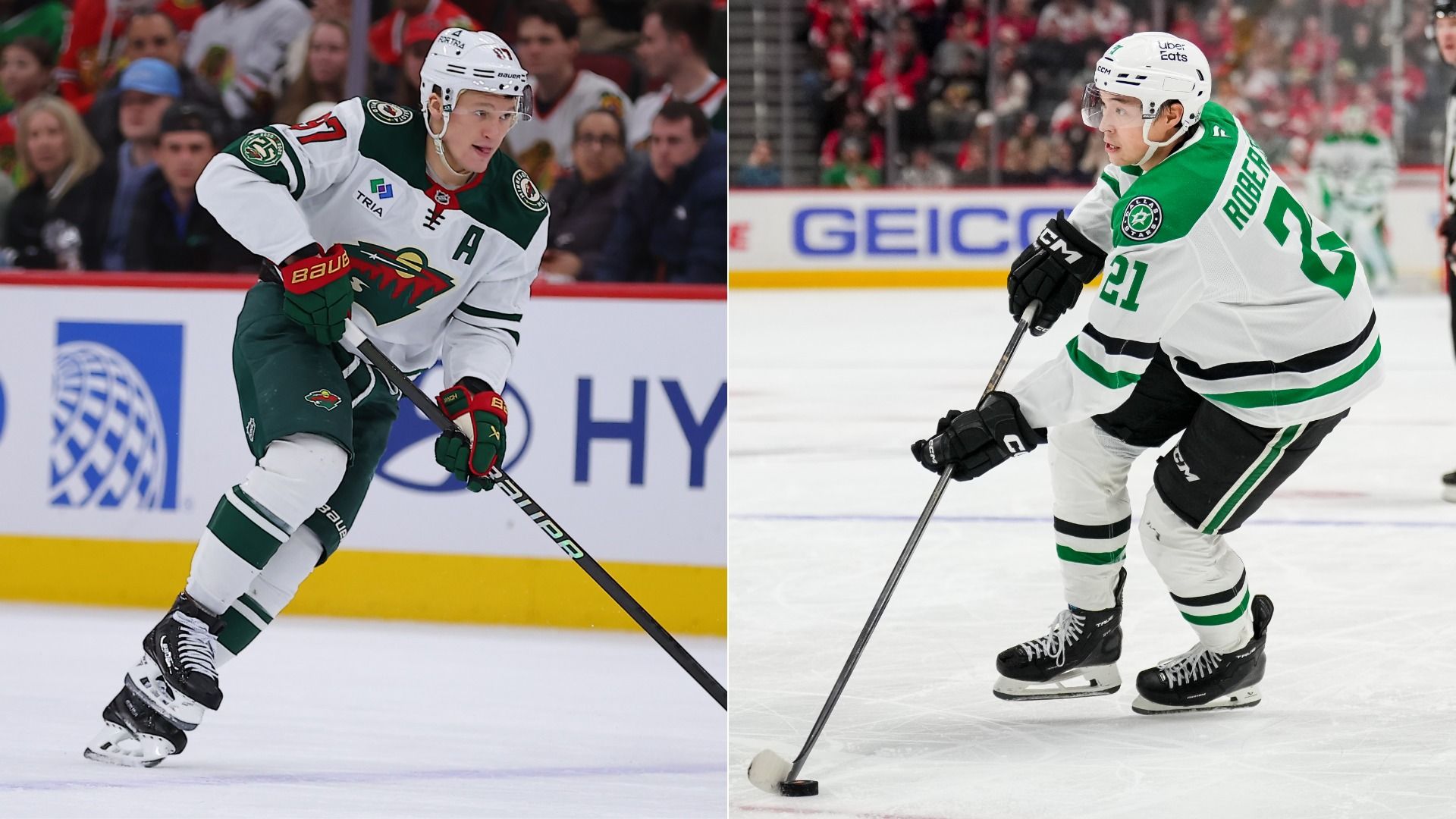 Split-screen image of two ice hockey players in action: left, a Minnesota Wild alternate captain in white and green; right, a white jersey with green accents and the number 21, handling a puck on the ice.
