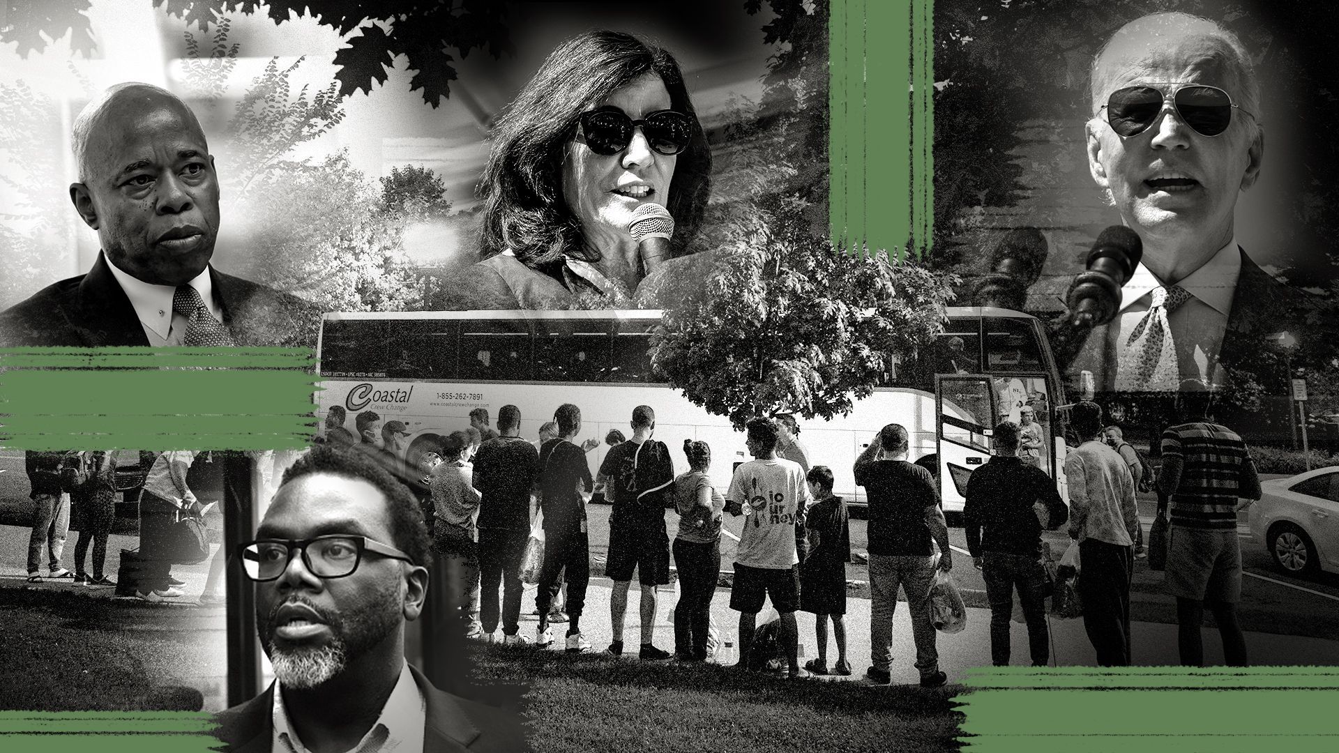 Photo illustration collage of migrants in line in front of a bus, surrounded by spot-photos of Mayor Eric Adams, Governor Kathy Hochul, Mayor Brandon Johnson, and President Joe Biden, surrounded and divided by graphic lines