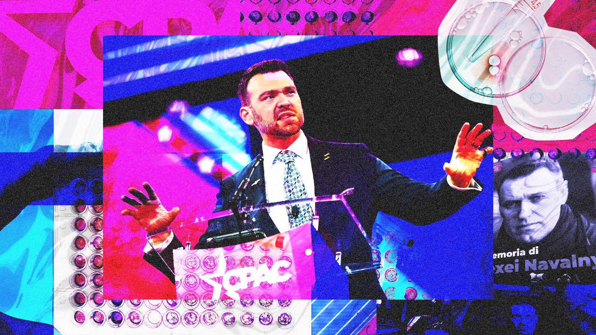 Photo illustration of a collage of Jack Posobiec, the CPAC logo, IVF assays and memorial signs of Alexei Navalny.