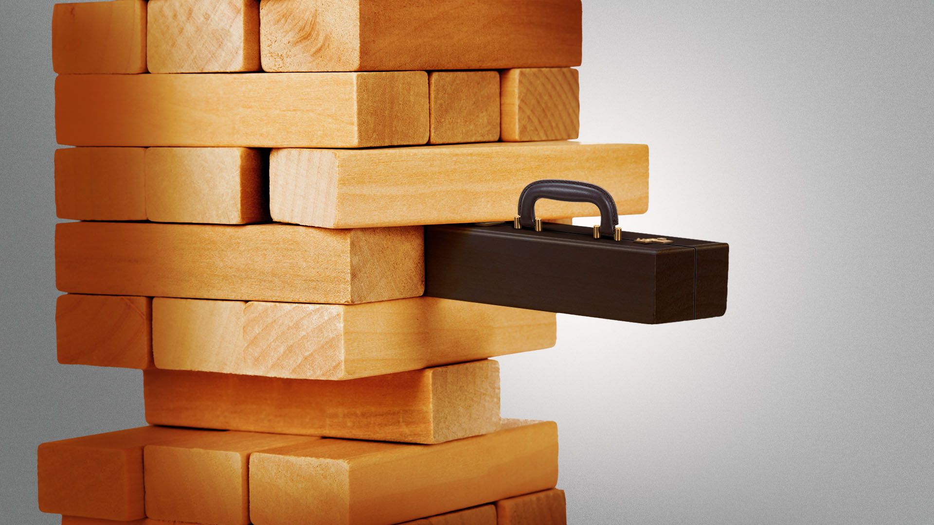 Illustration of a tower of blocks with one block in the shape of a briefcase sticking out precariously 