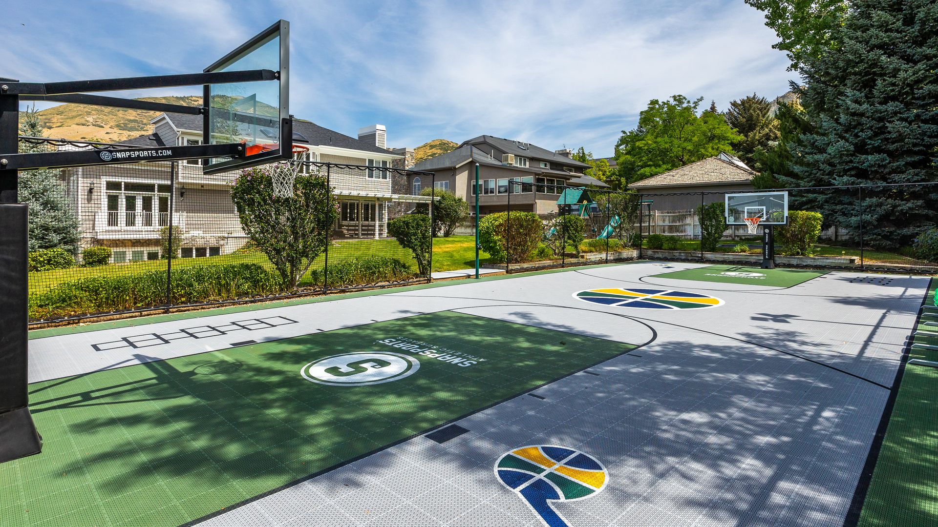 A Utah Jazz-themed basketball court.