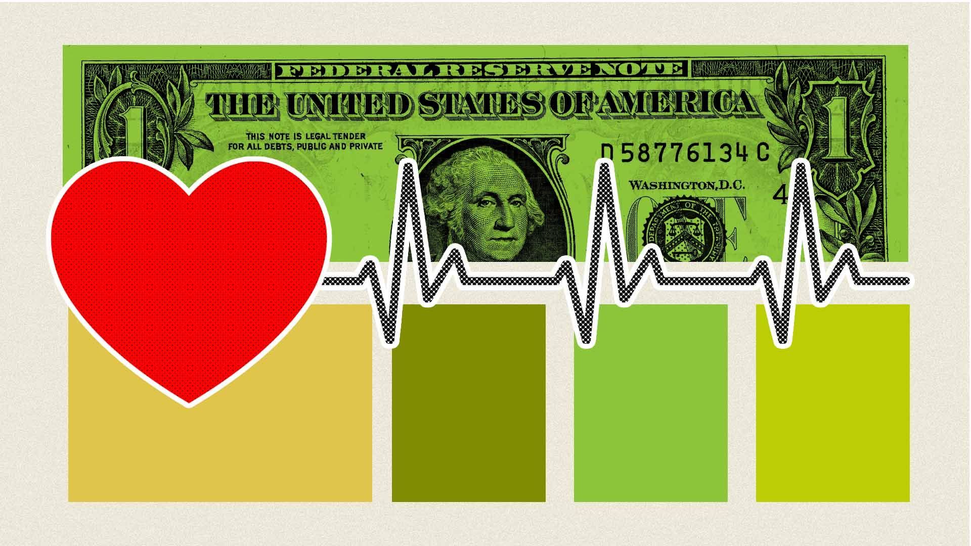 Illustration of a heart and EKG line with various shapes and a dollar bill