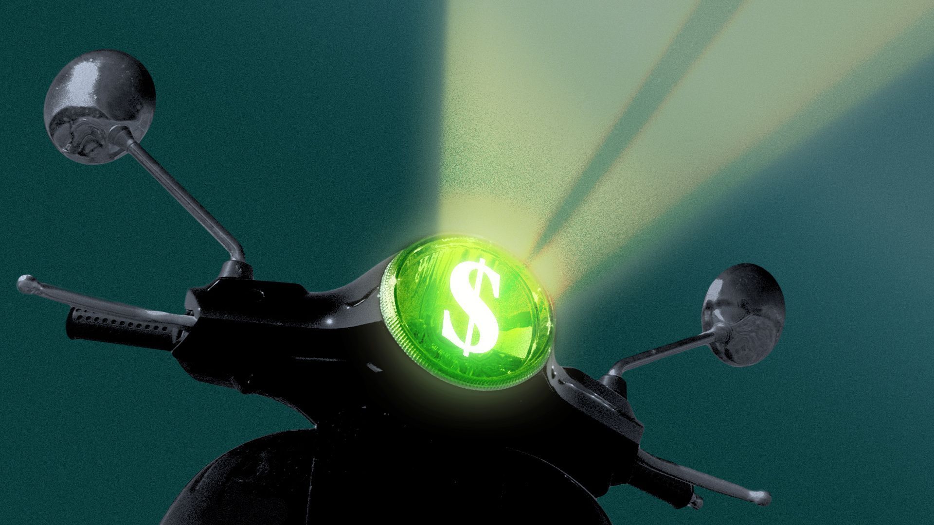 Illustration of a motorcycle headlight in the shape of a dollar sign.