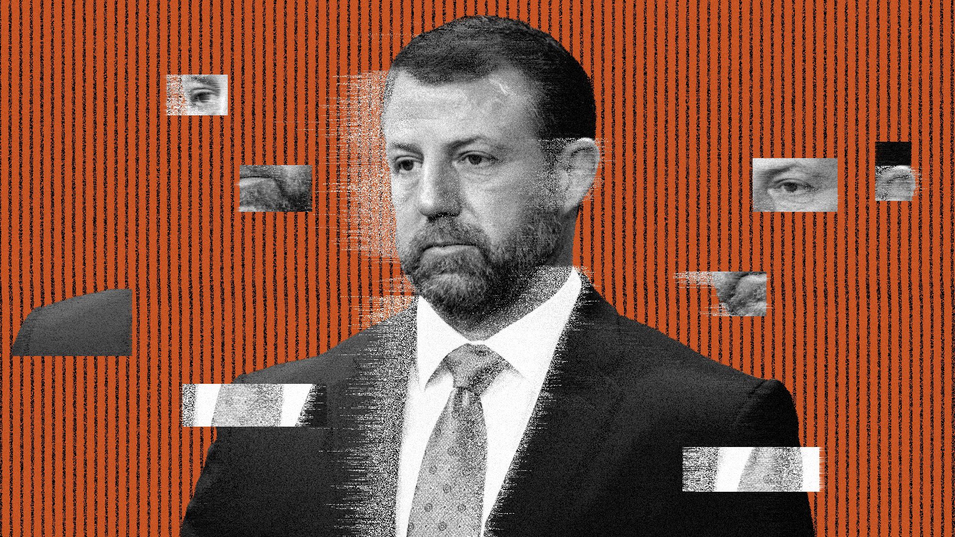 Photo illustration of Homeland Security Secretary Markwayne Mullin distorted and pulled in different directions. 