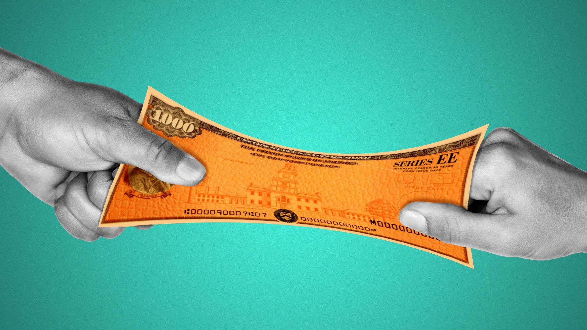 Illustration of a $1000 bill getting pulled in two different directions by two people.