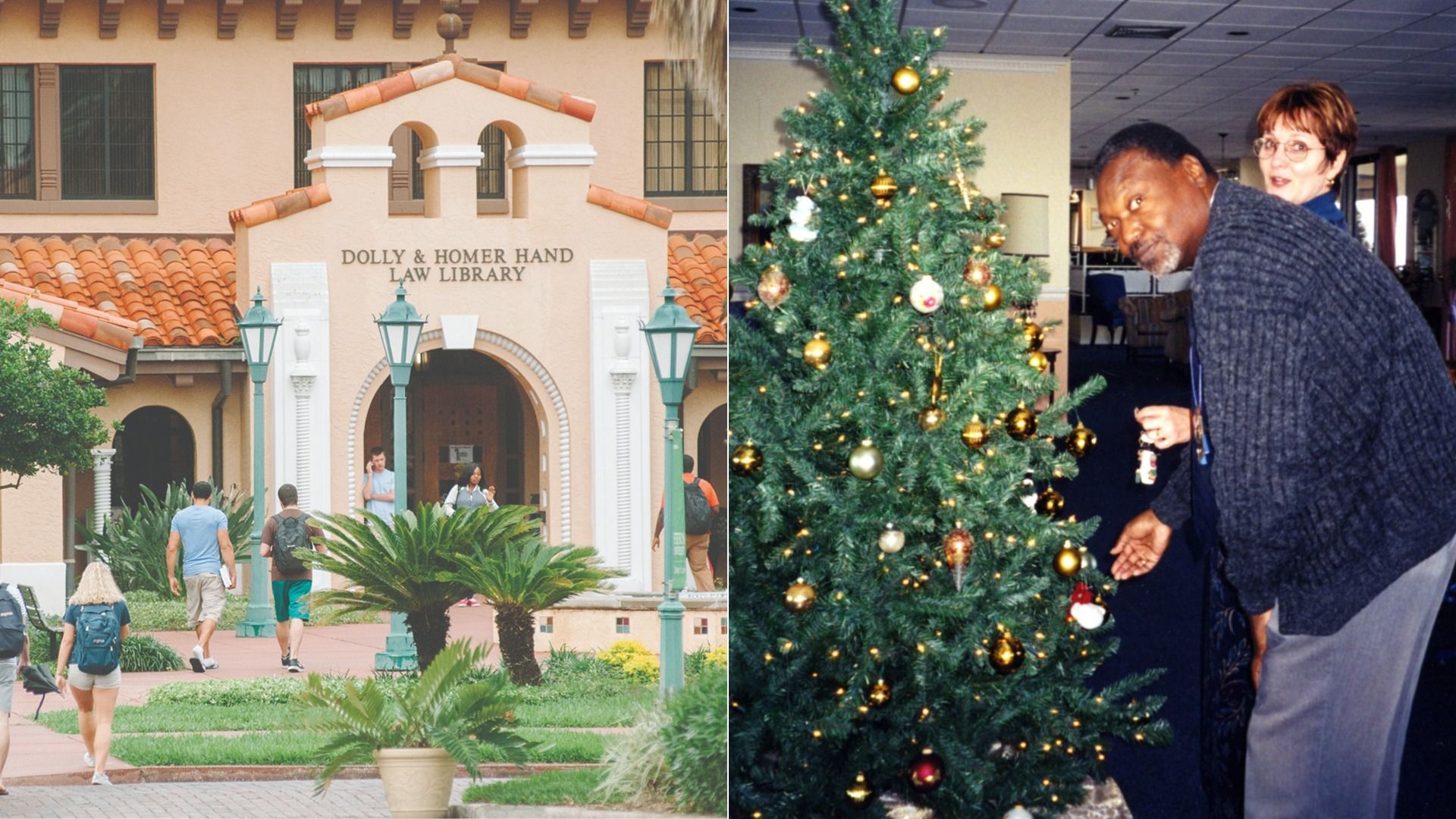 Split image: left shows the Dolly & Homer Hand Law Library entrance with terracotta roof and green lampposts as people walk outside; right shows an indoor Christmas tree with a man and a woman nearby.