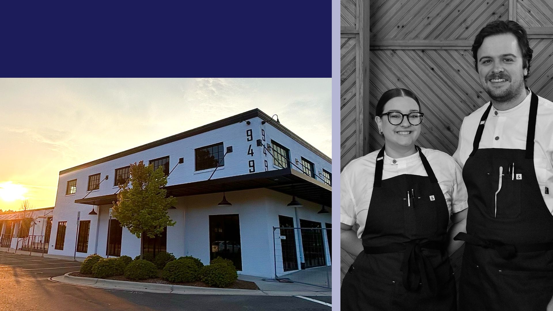 A split image: left shows a white modern building with large windows at sunset; right shows two smiling chefs in white shirts and black aprons, standing against a diagonal wooden wall in grayscale.