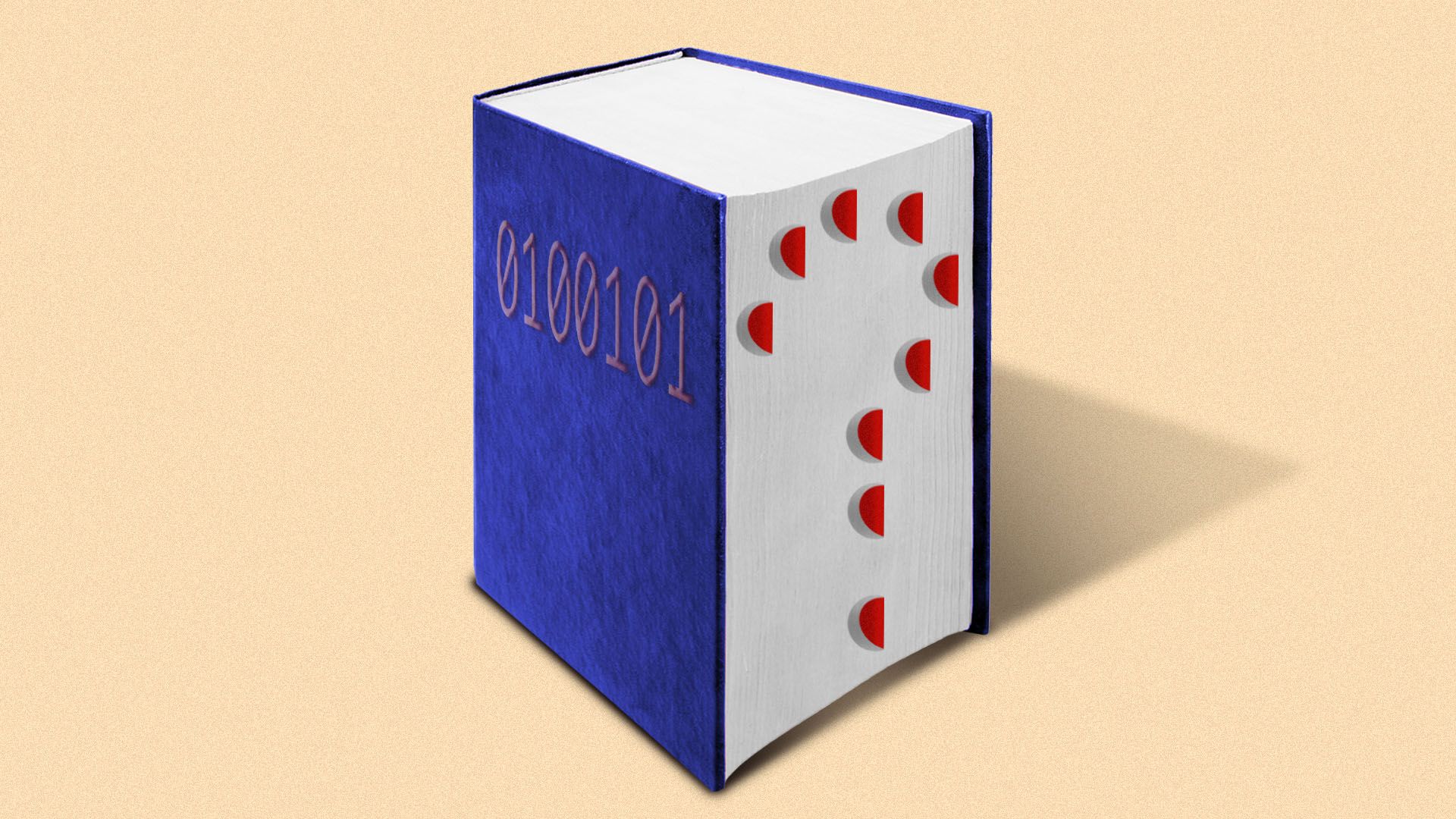 Illustration of a dictionary with binary code and index notches in the shape of a question mark