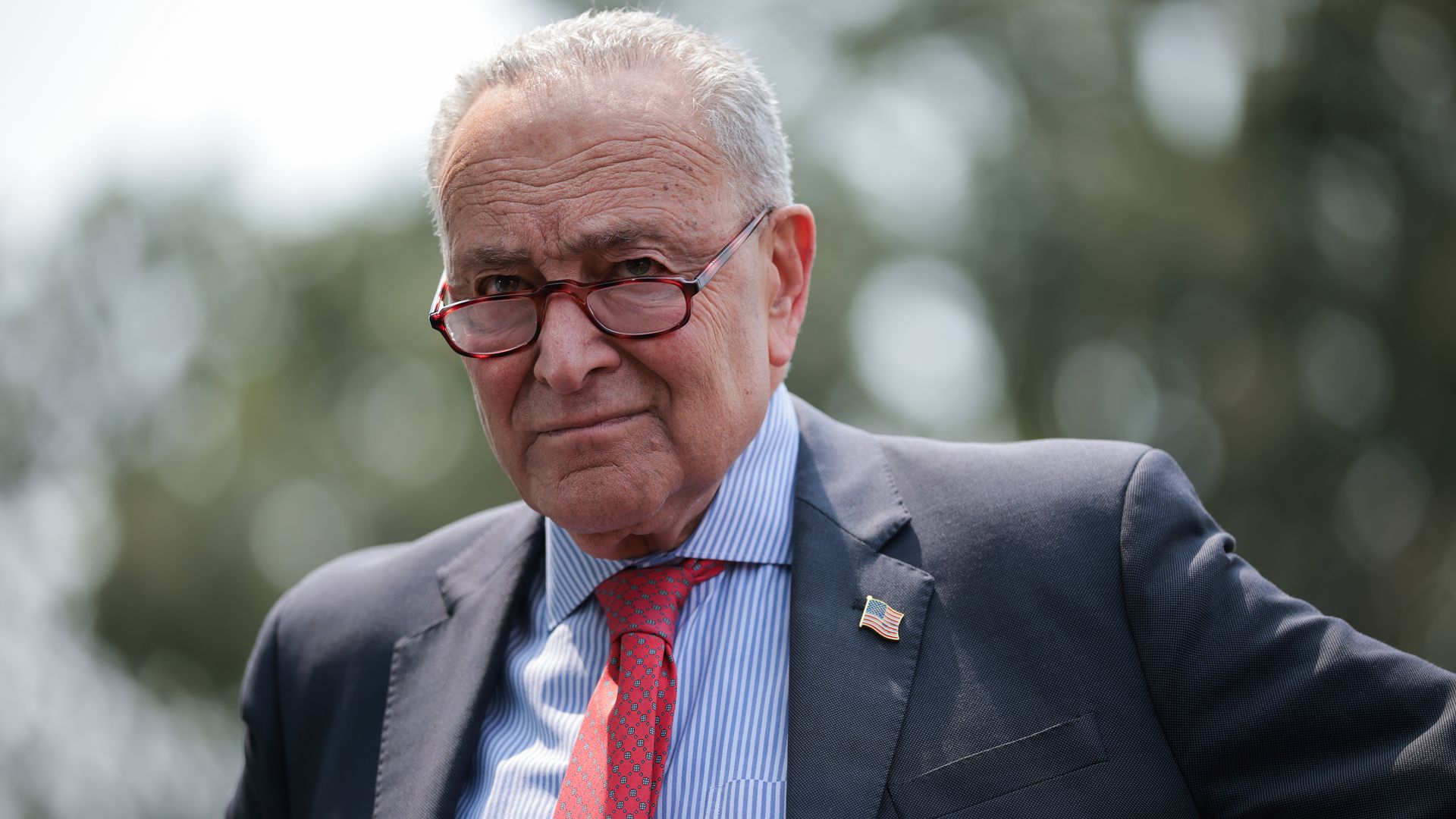 Chuck Schumer in a red tie and blue suit