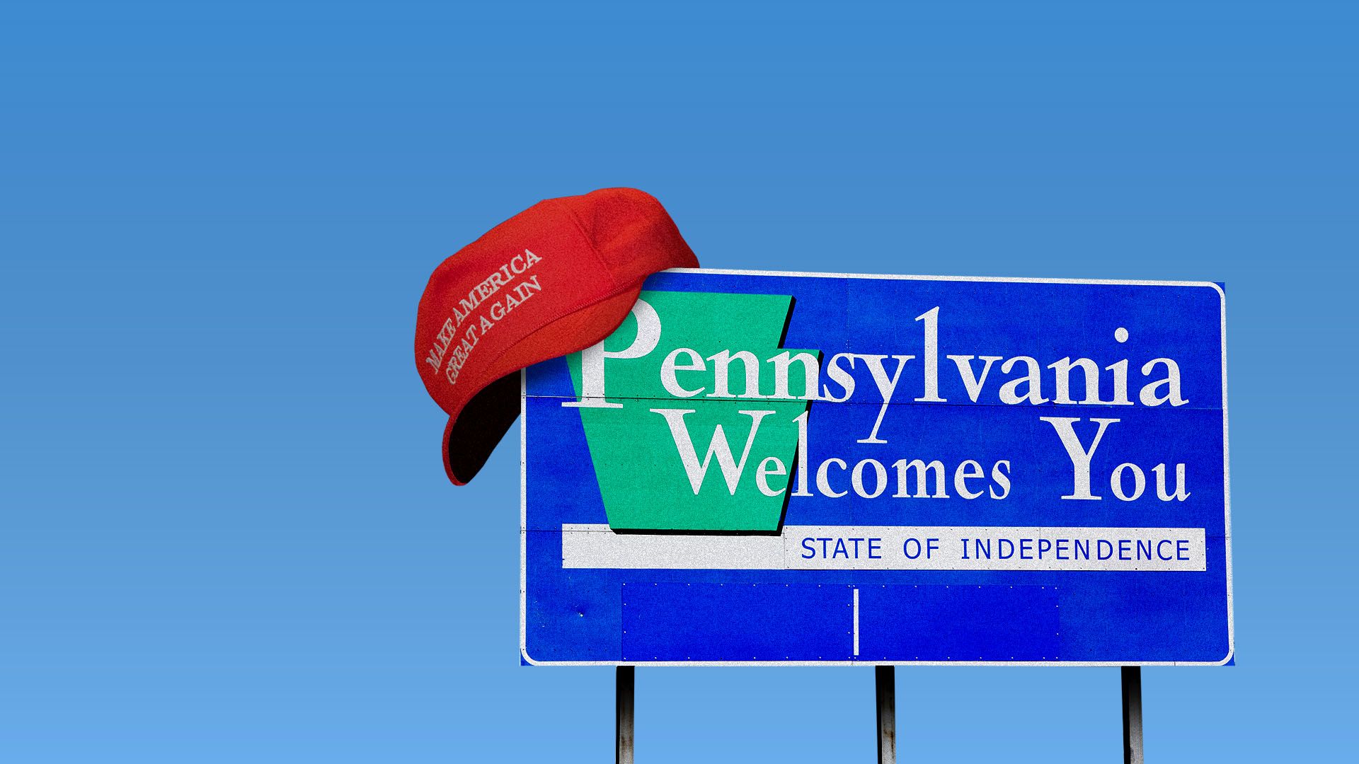 Illustration of a "Pennsylvania welcomes you" road sign wearing a MAGA hat